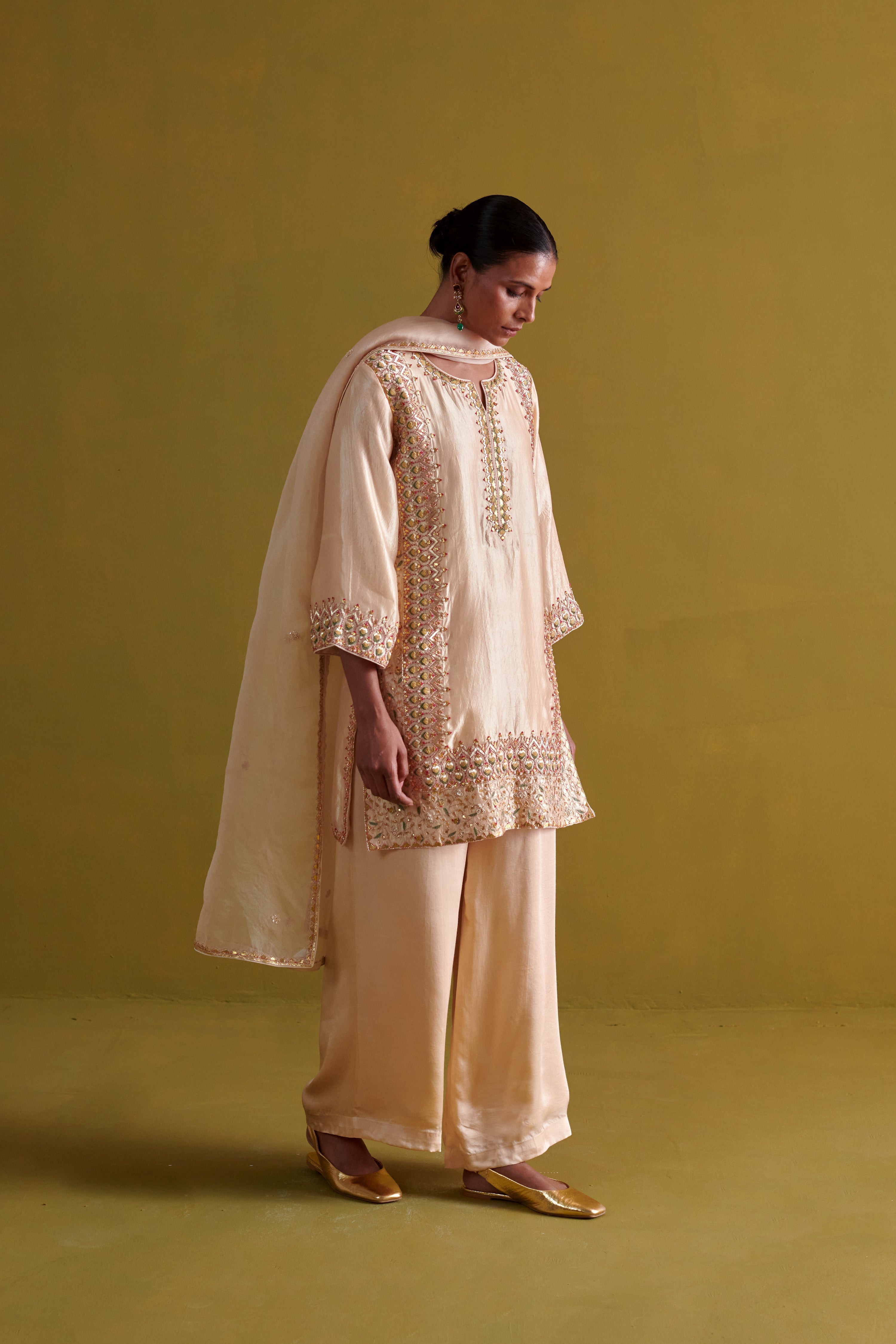 Kora Silk Kurti, Bamberg Satin Pallazo with Organza Dupatta