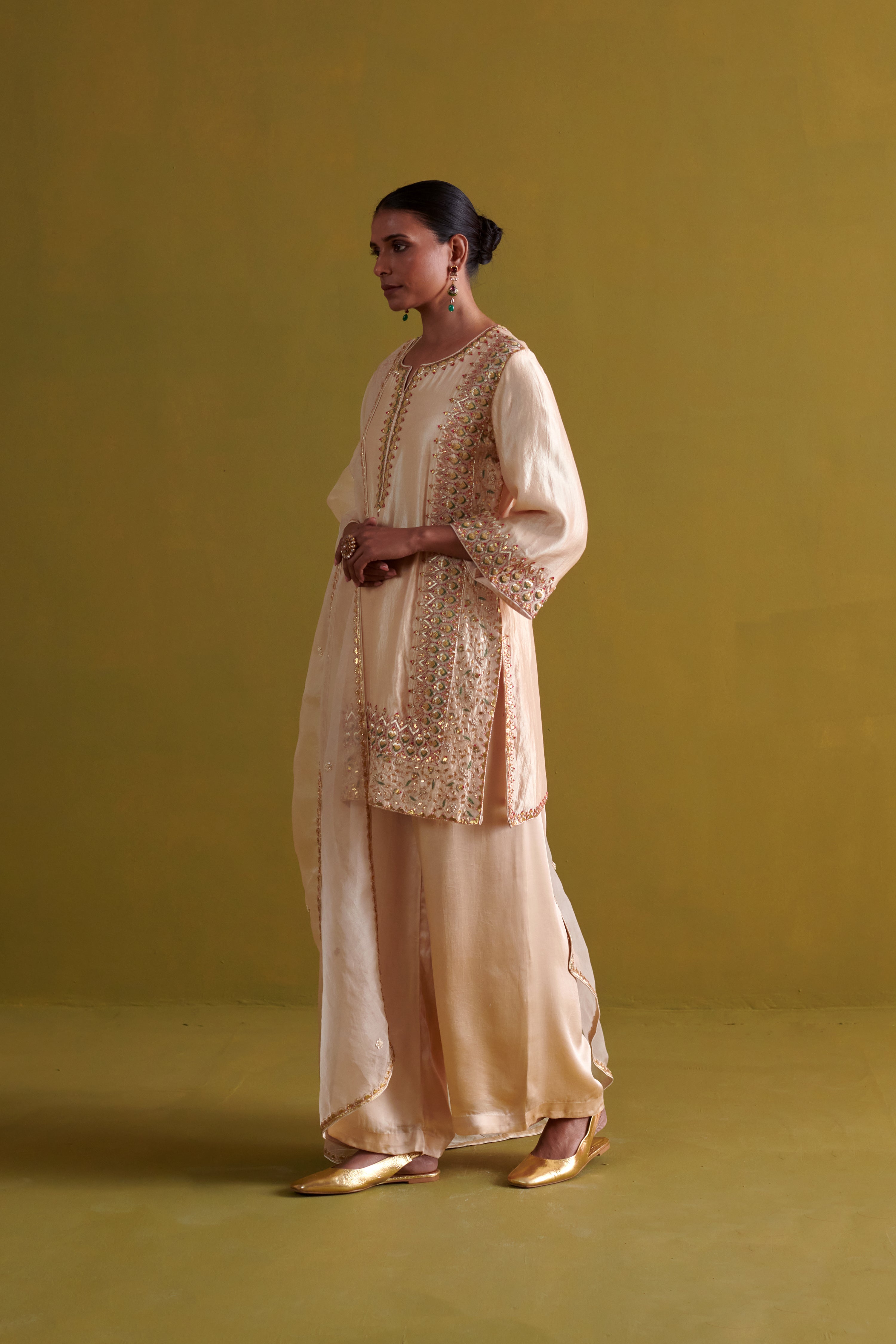 Kora Silk Kurti, Bamberg Satin Pallazo with Organza Dupatta