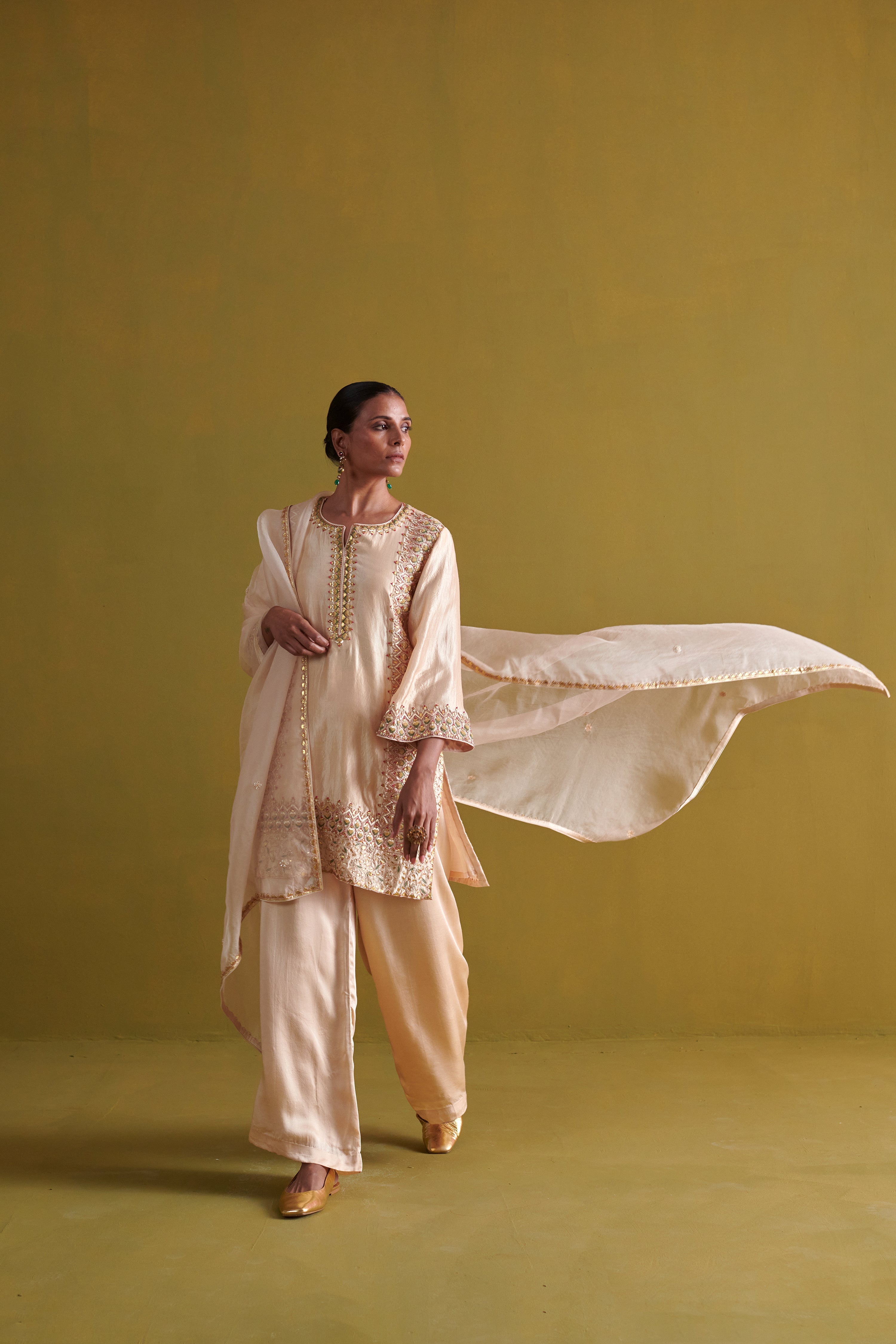 Kora Silk Kurti, Bamberg Satin Pallazo with Organza Dupatta