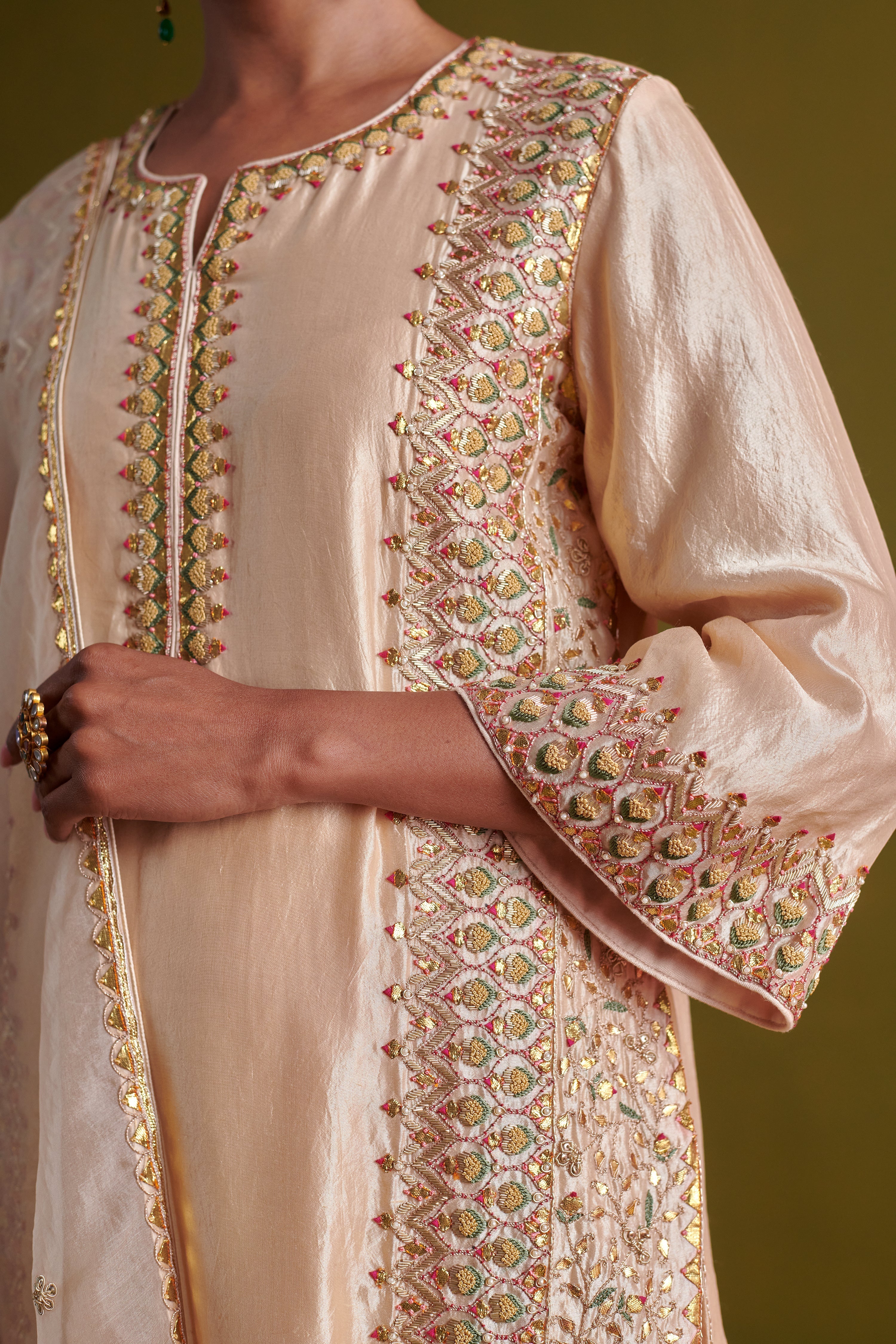 Kora Silk Kurti, Bamberg Satin Pallazo with Organza Dupatta