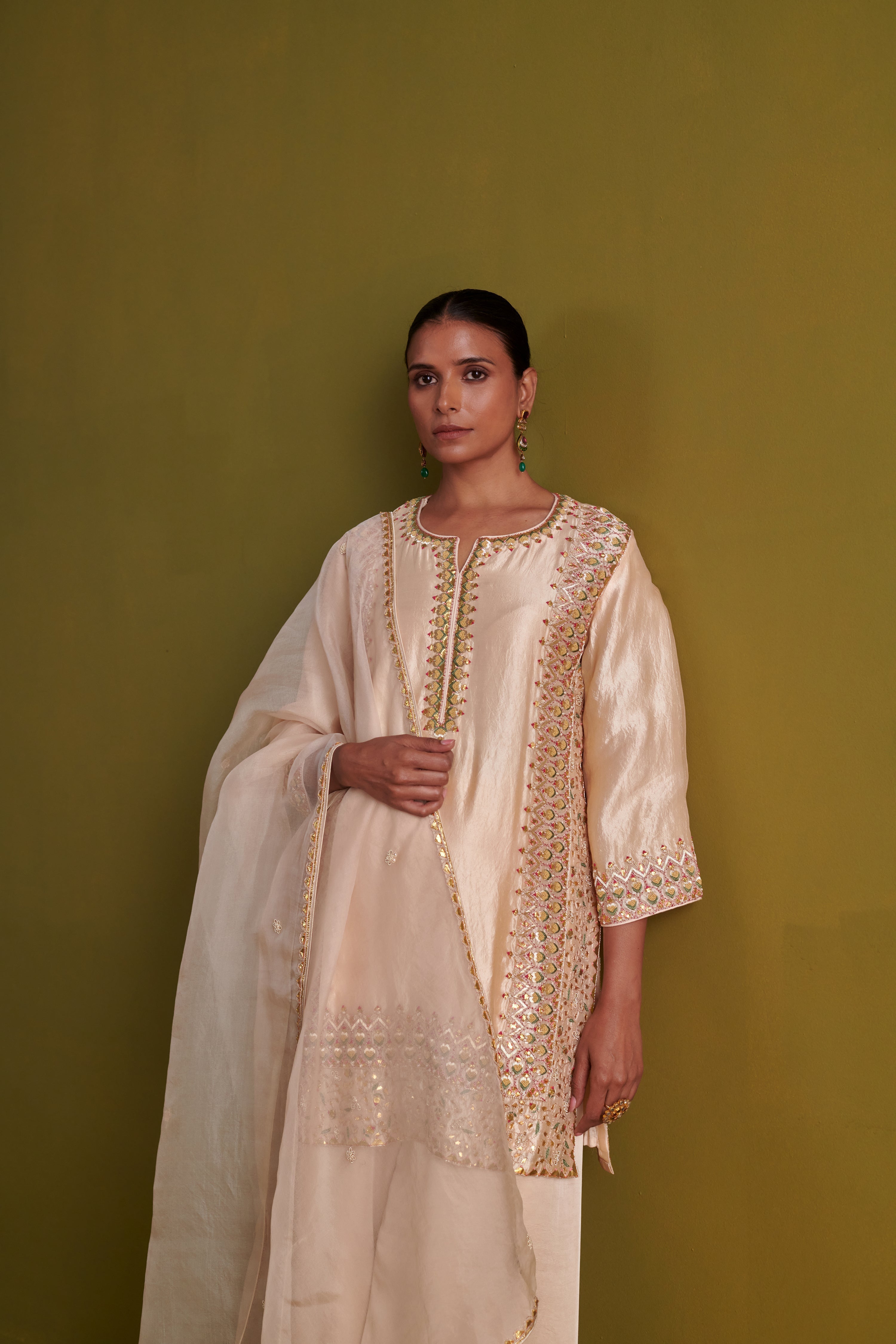 Kora Silk Kurti, Bamberg Satin Pallazo with Organza Dupatta