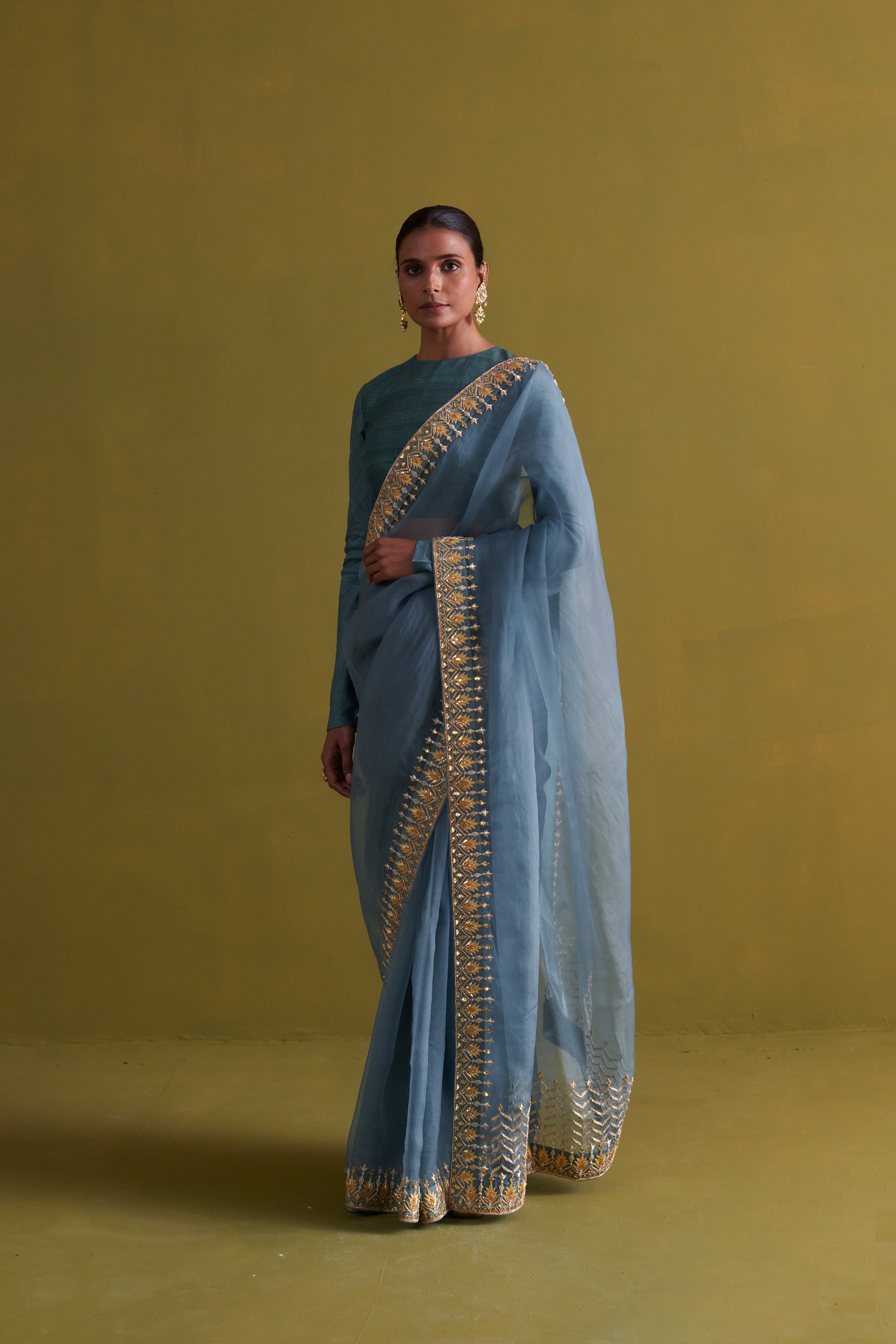 Marine Blue hand embrodiered saree with raw silk blouse