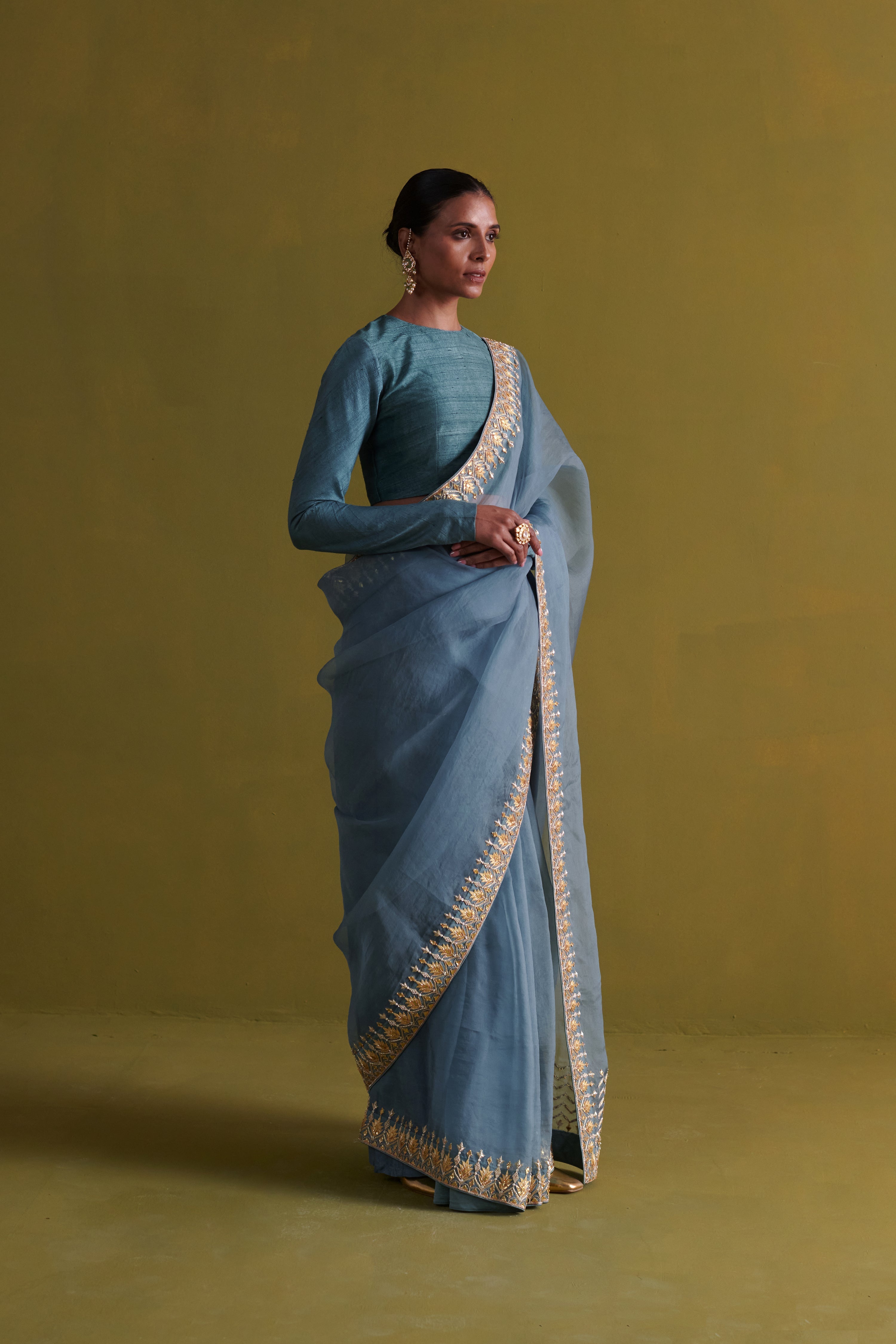 Marine Blue hand embrodiered saree with raw silk blouse