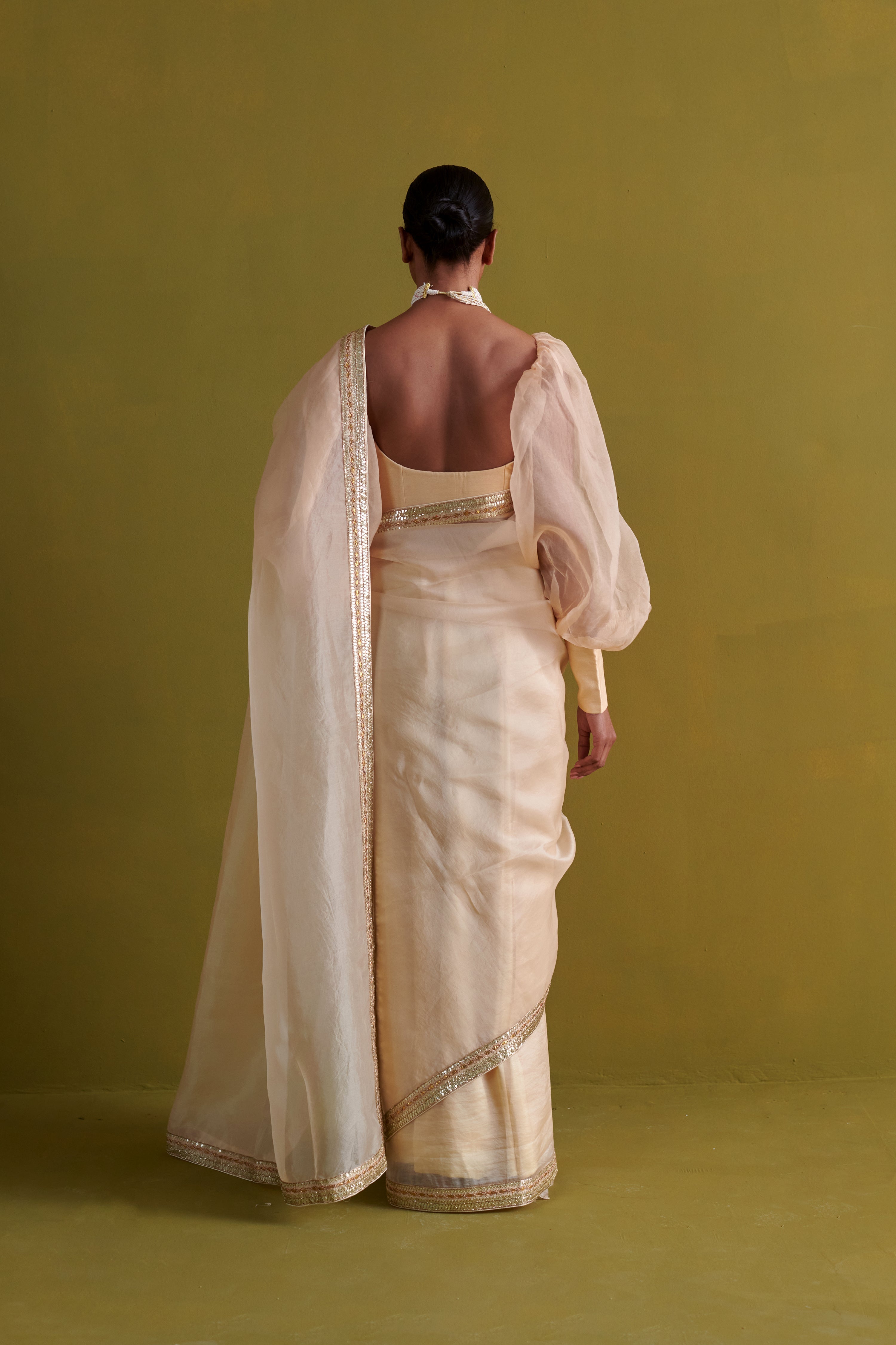 Beige hand embrodiered saree with raw silk blouse
