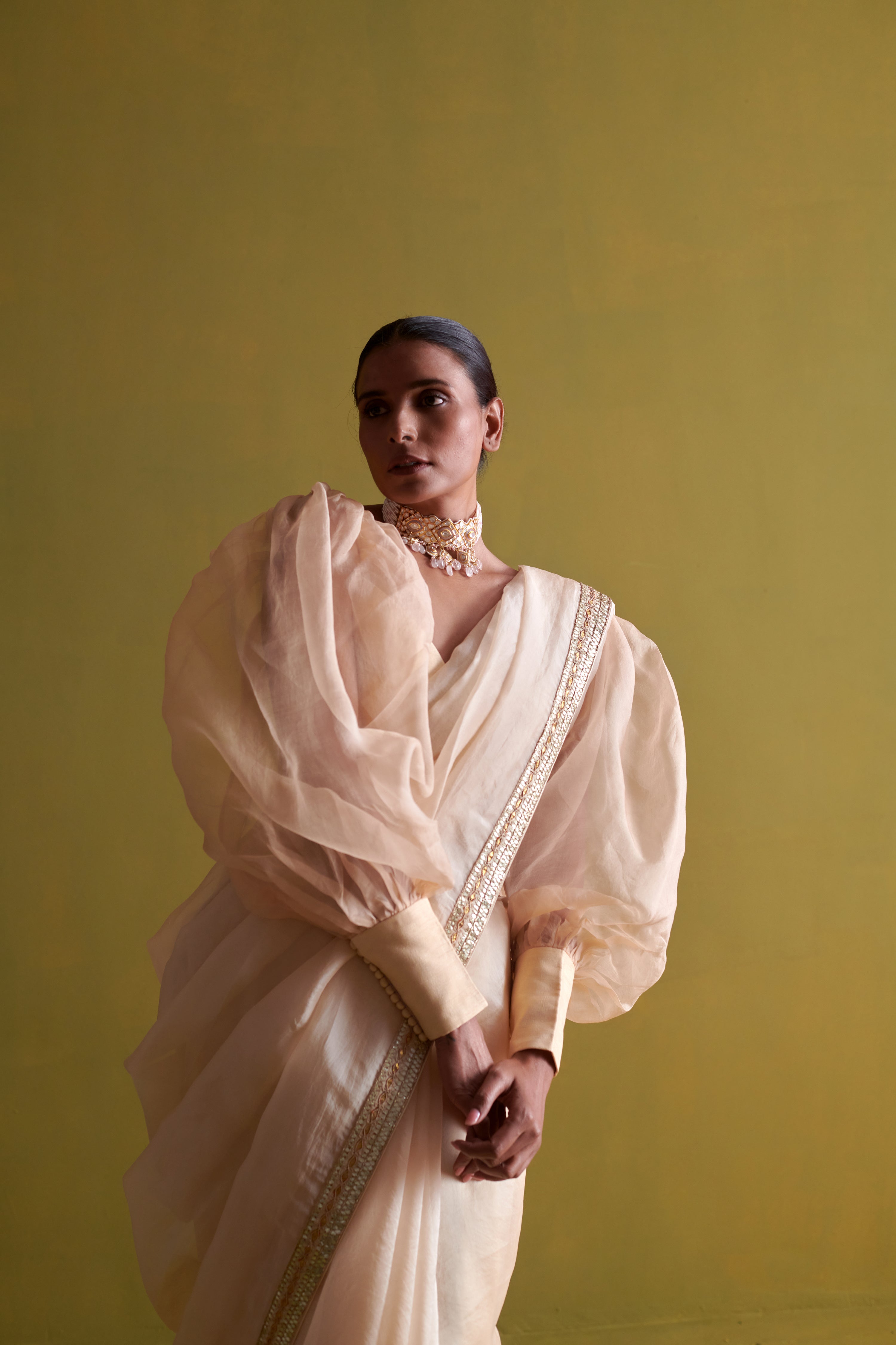 Beige hand embrodiered saree with raw silk blouse