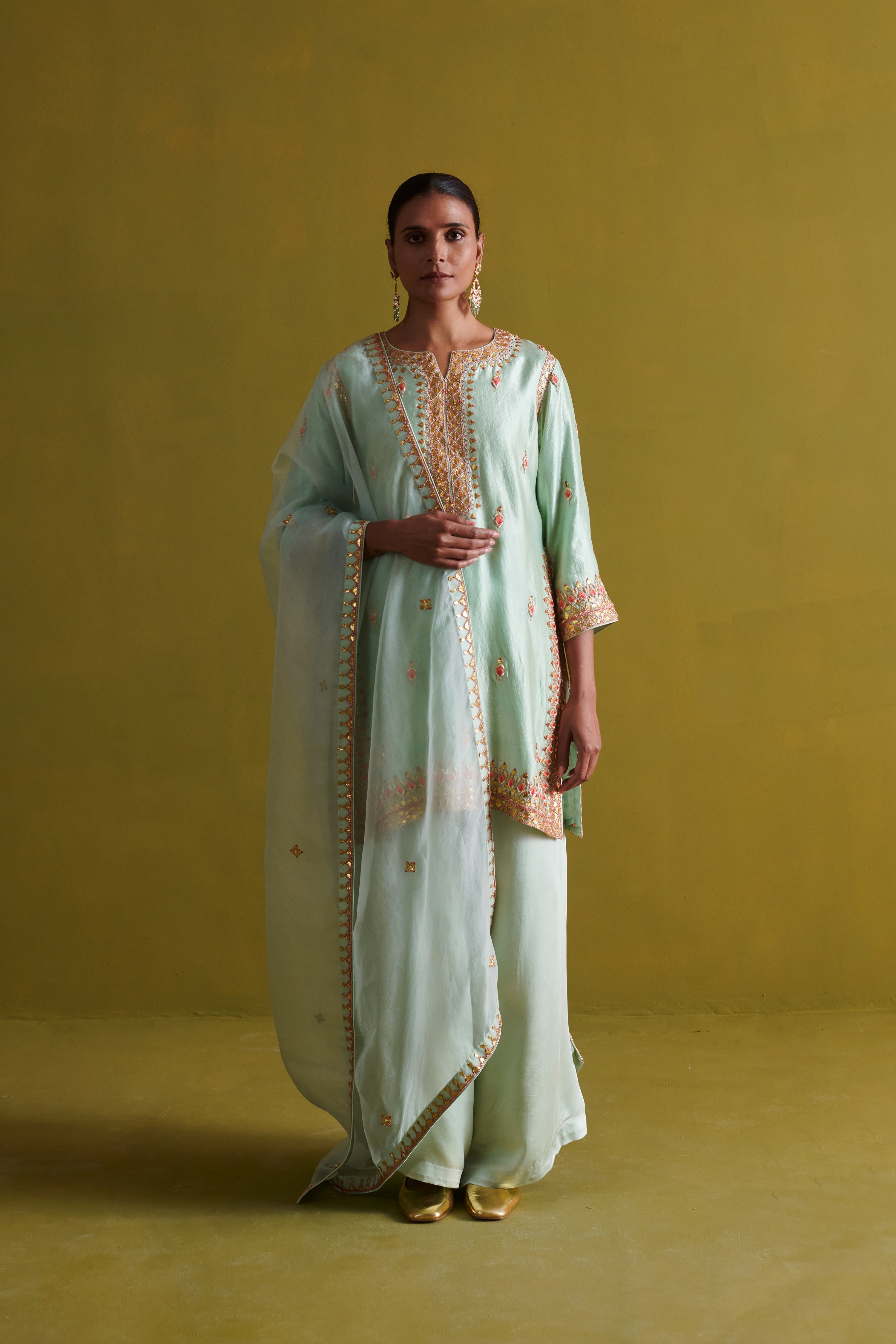 Kora Silk Kurti, Bamberg Satin Pallazo with Organza Dupatta