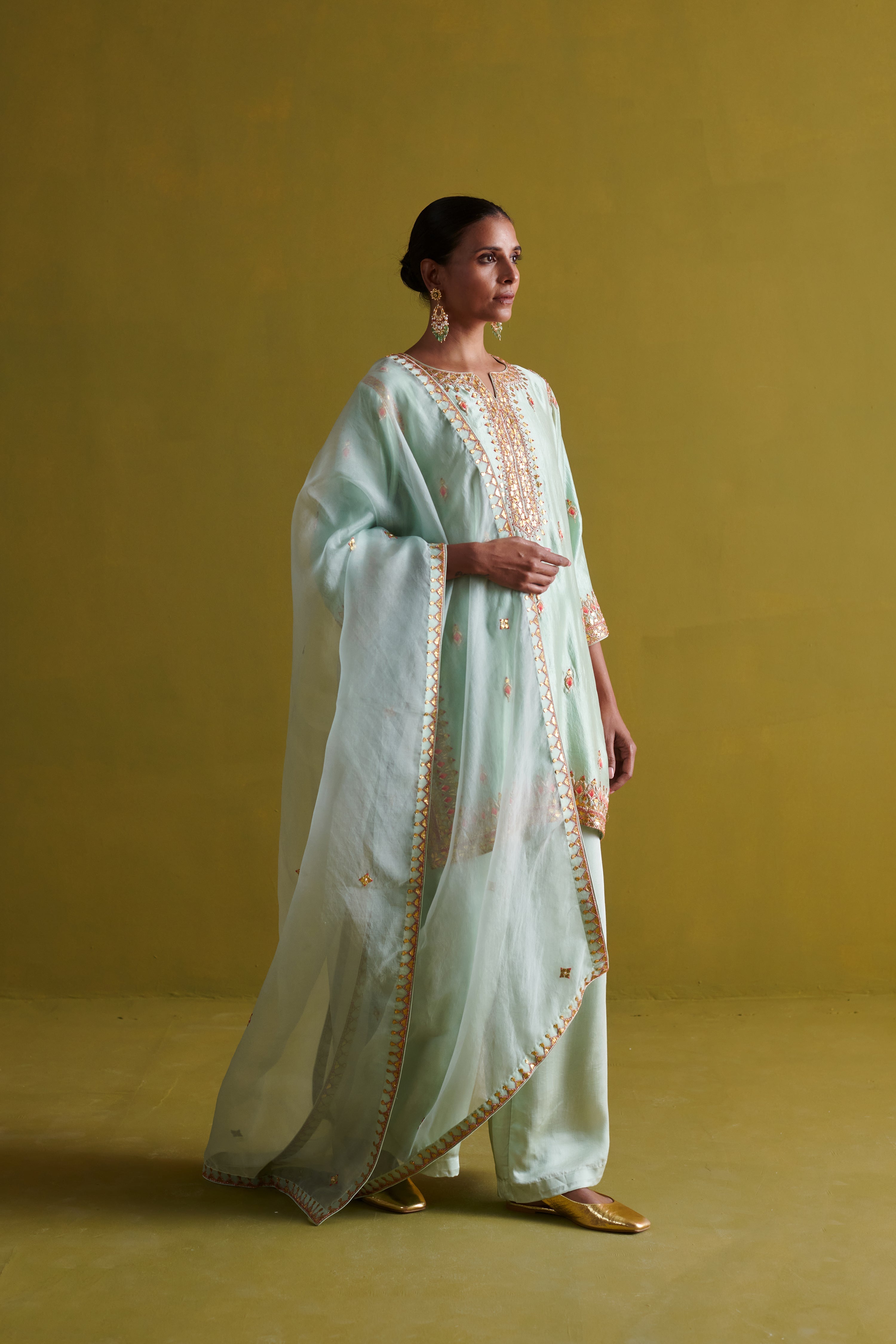Kora Silk Kurti, Bamberg Satin Pallazo with Organza Dupatta