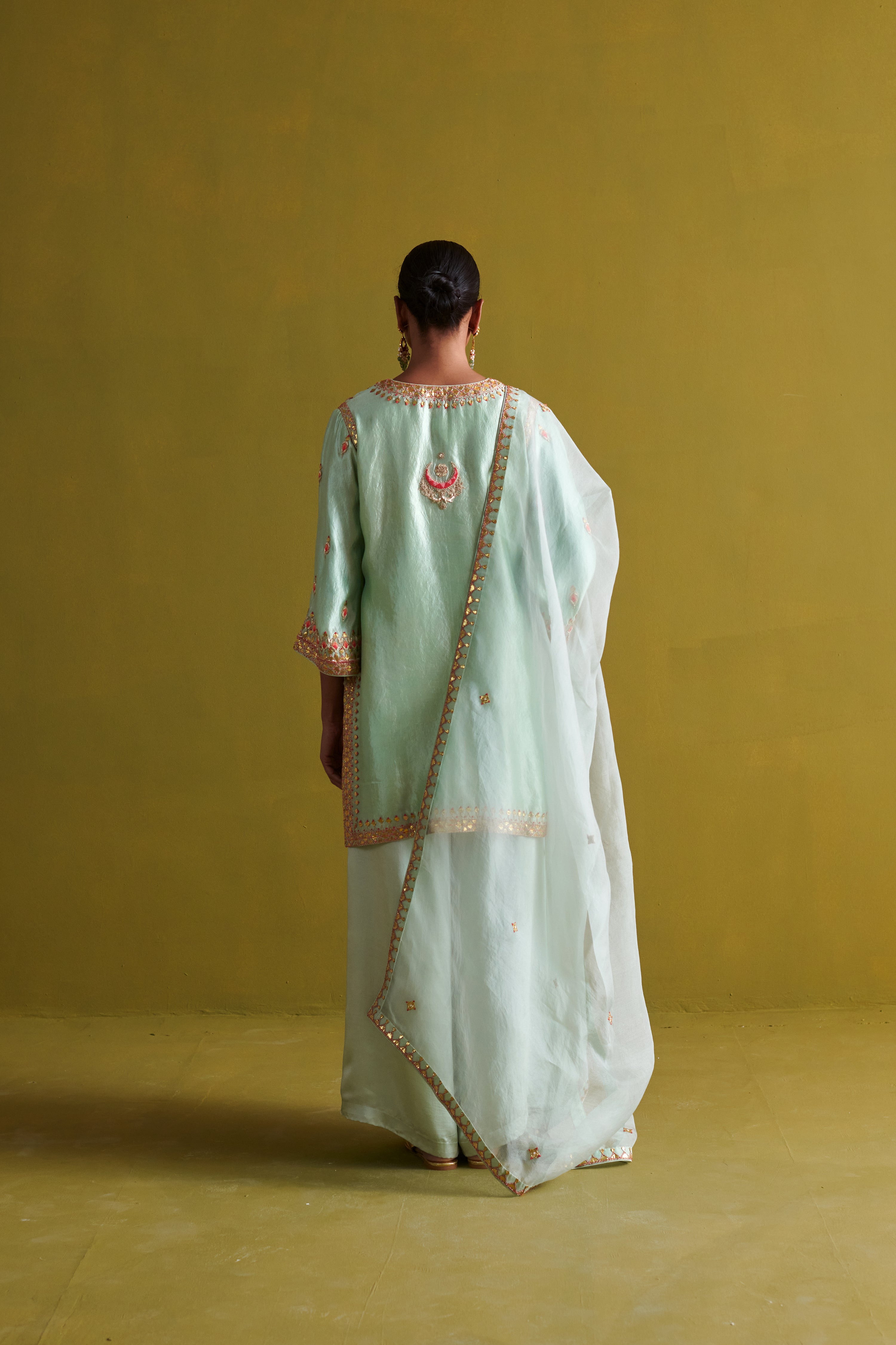 Kora Silk Kurti, Bamberg Satin Pallazo with Organza Dupatta