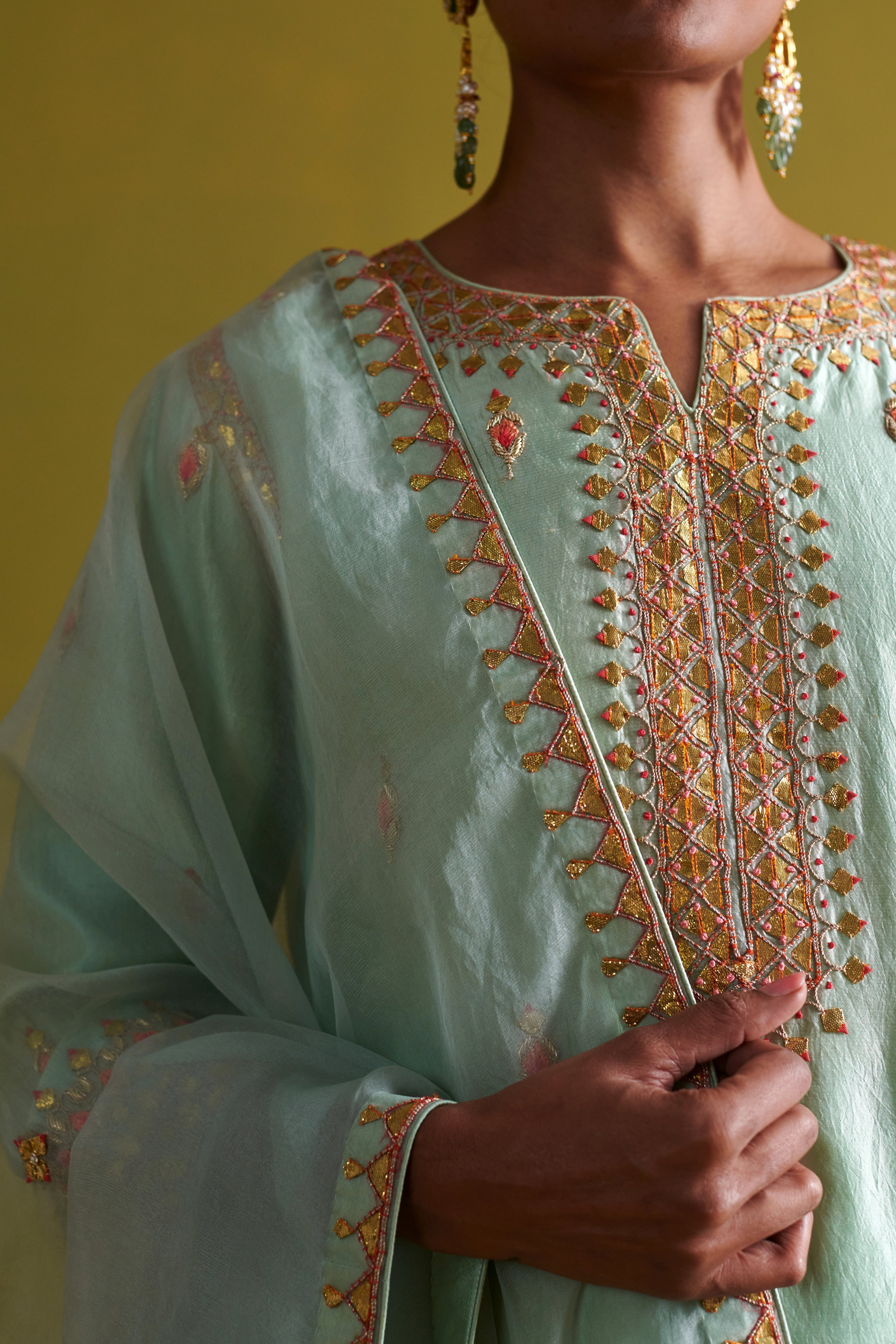 Kora Silk Kurti, Bamberg Satin Pallazo with Organza Dupatta