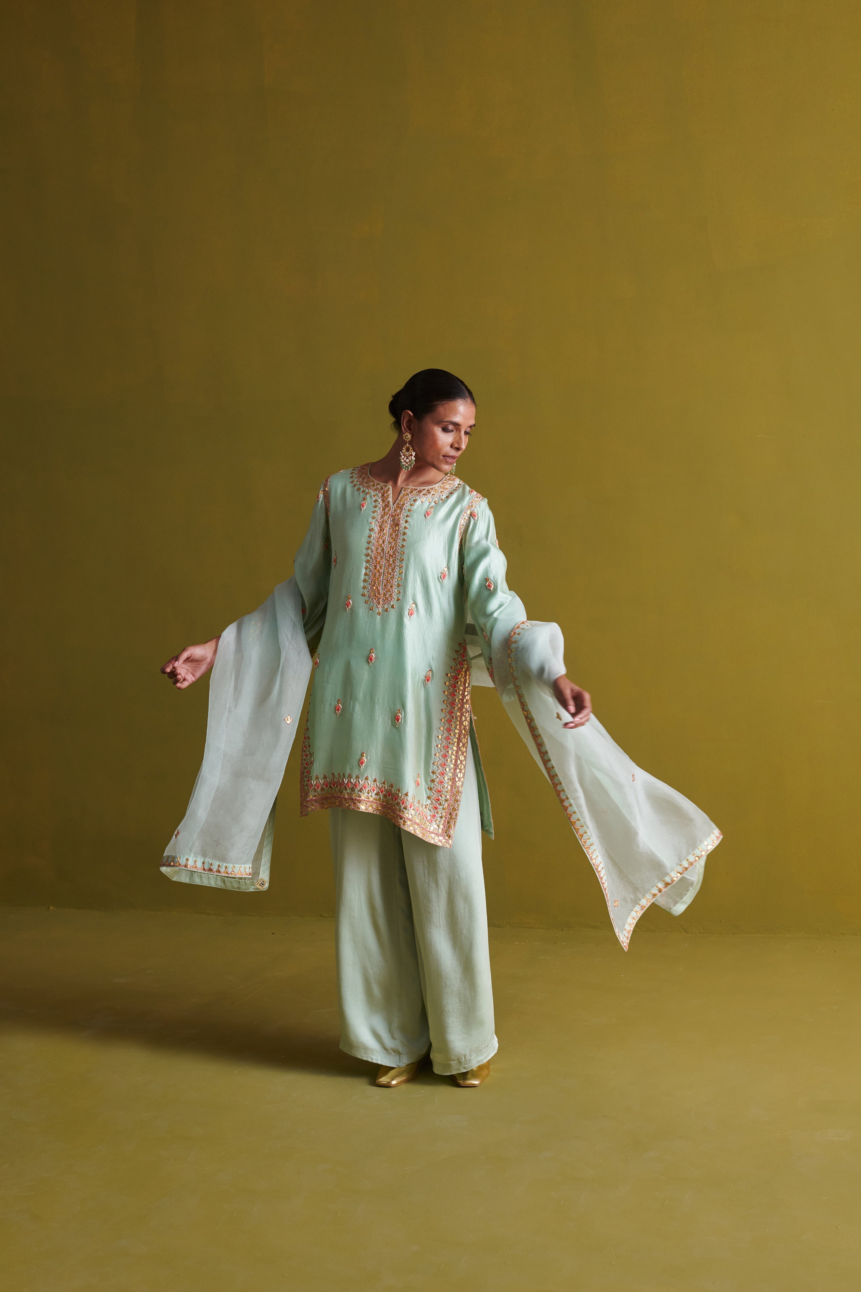Kora Silk Kurti, Bamberg Satin Pallazo with Organza Dupatta