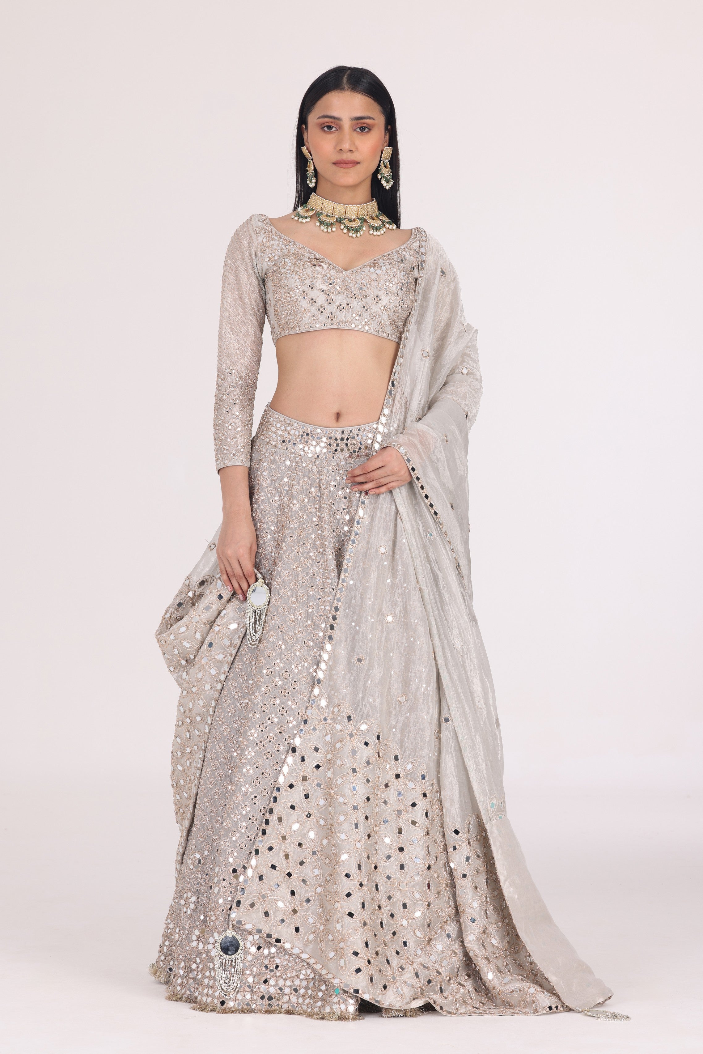 SILVER TISSUE PATTERN EMBELLISHED LEHENGA SET