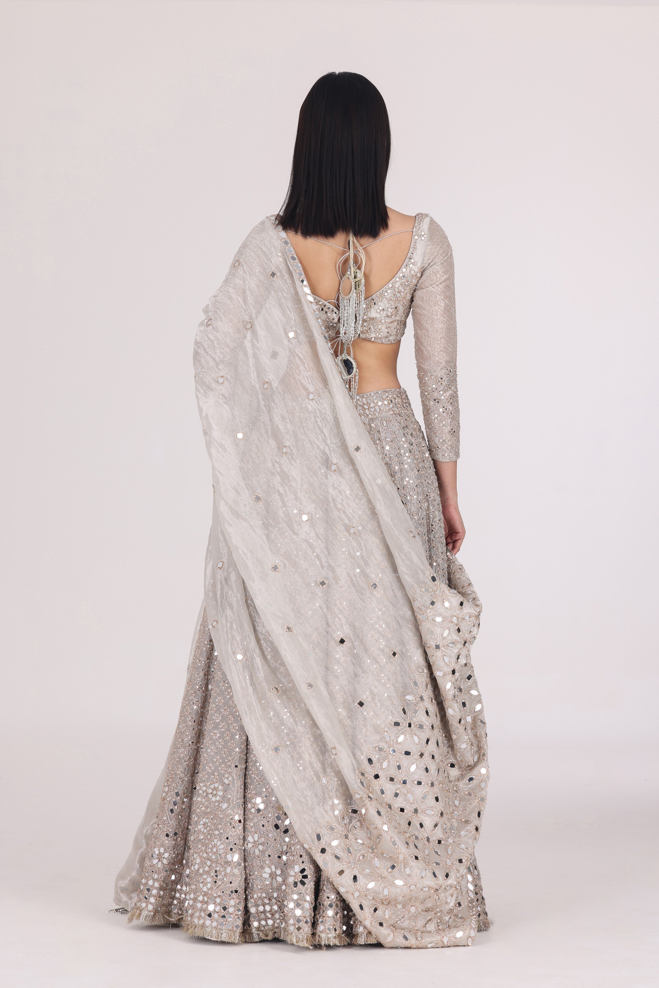 SILVER TISSUE PATTERN EMBELLISHED LEHENGA SET