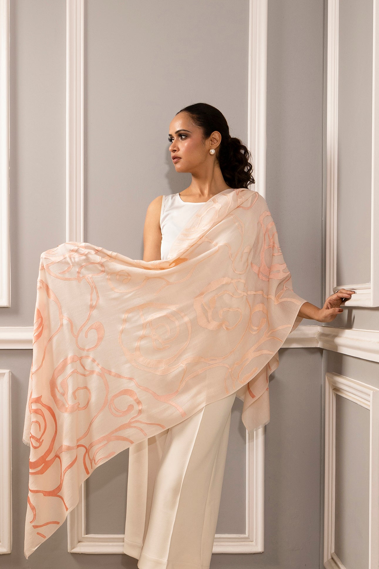 The Abstract Rose Ombre | Embroidered Fine Wool Silk Stole