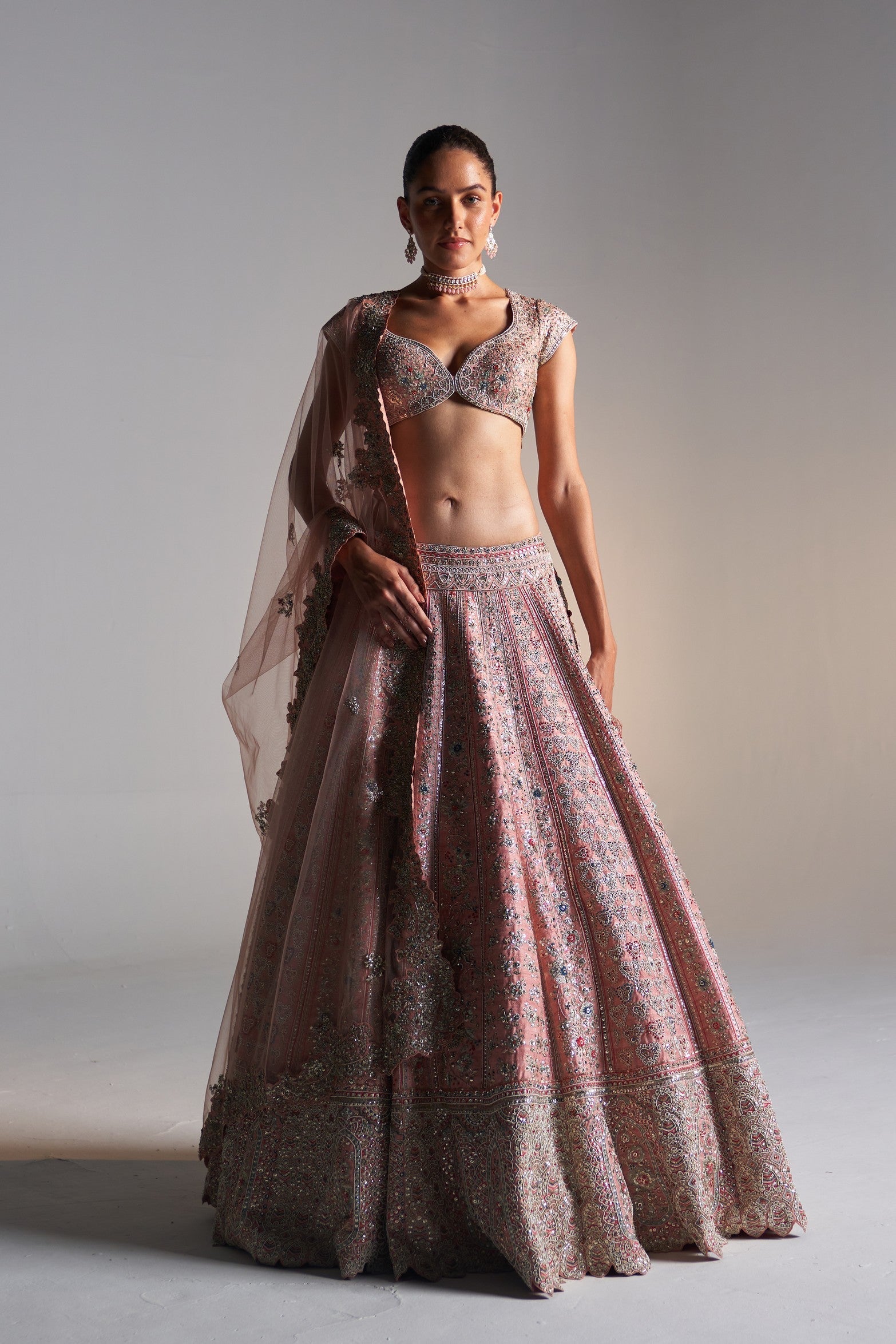Coral rose
raw silk lehenga set