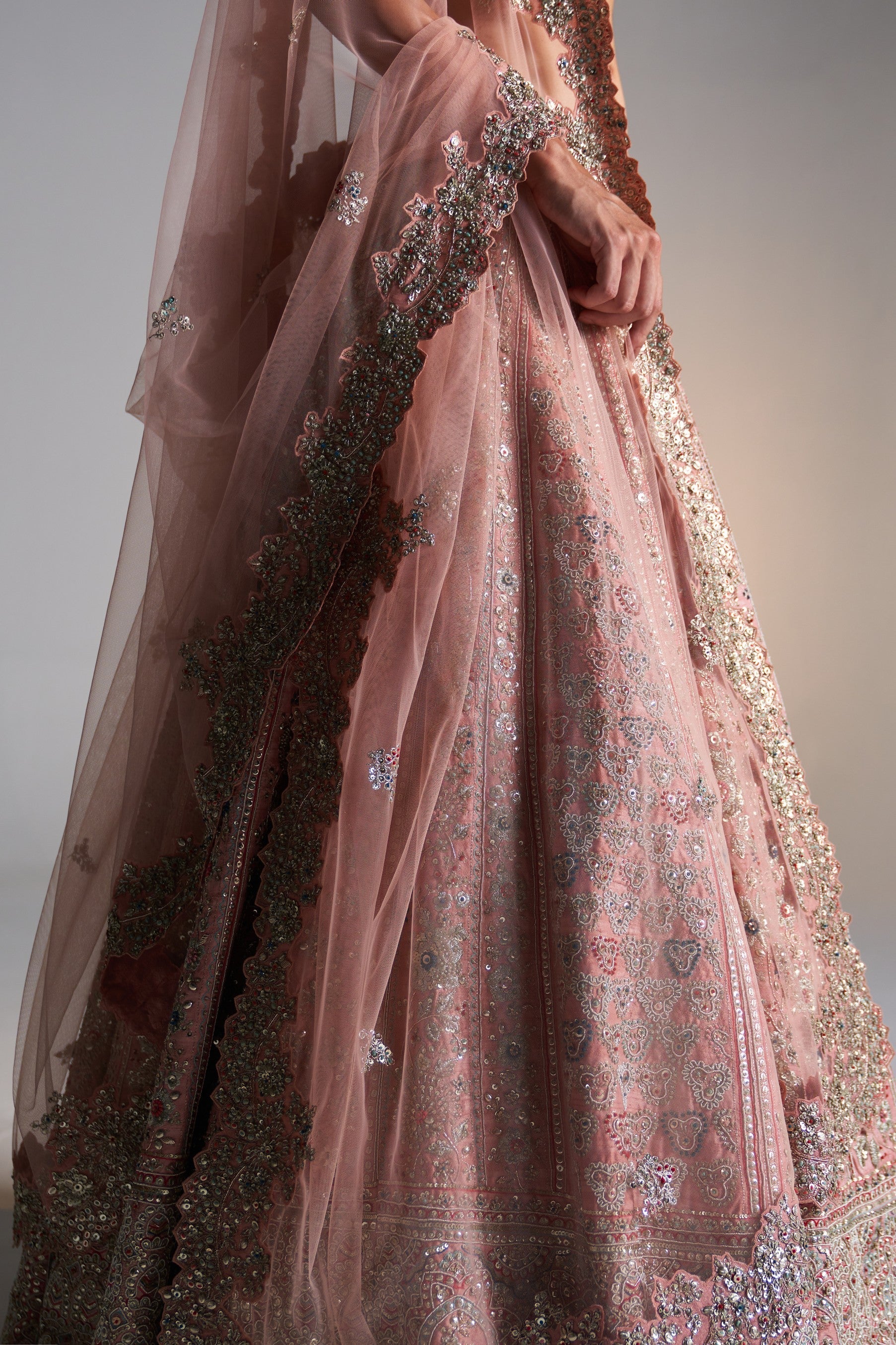 Coral rose
raw silk lehenga set