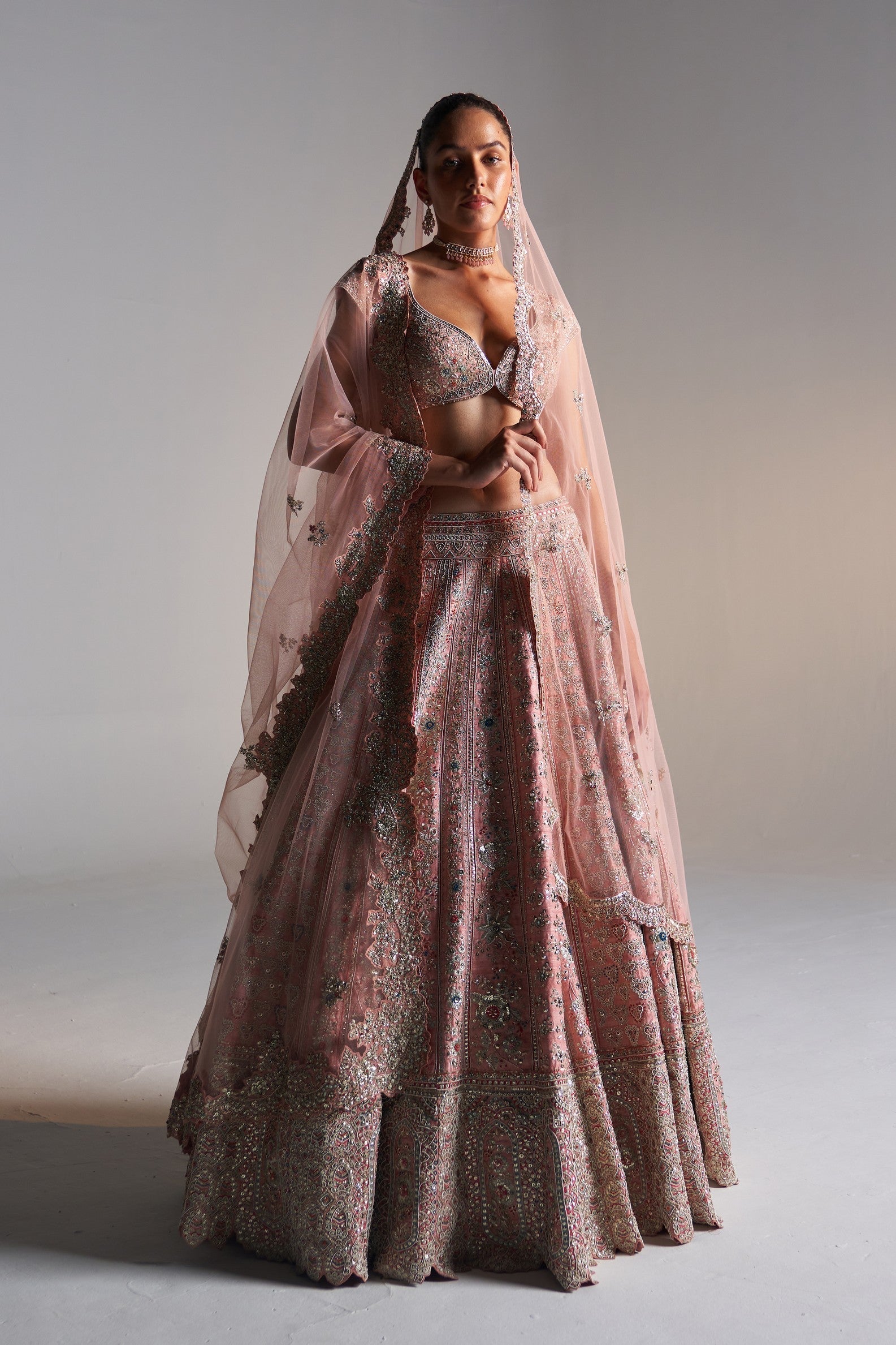 Coral rose
raw silk lehenga set