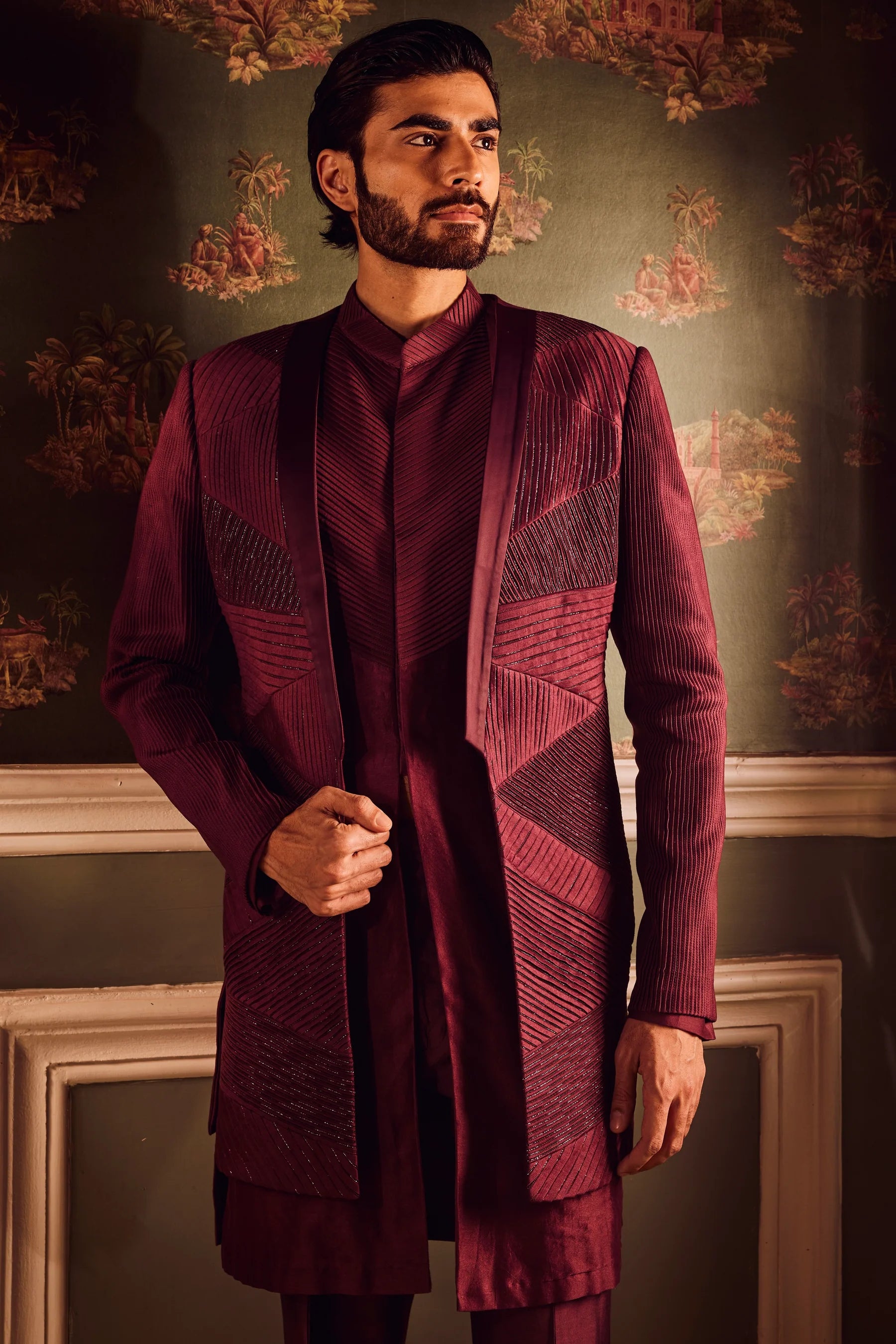 Maroon Chanderi Pintuck Cutdana Open Indowestern