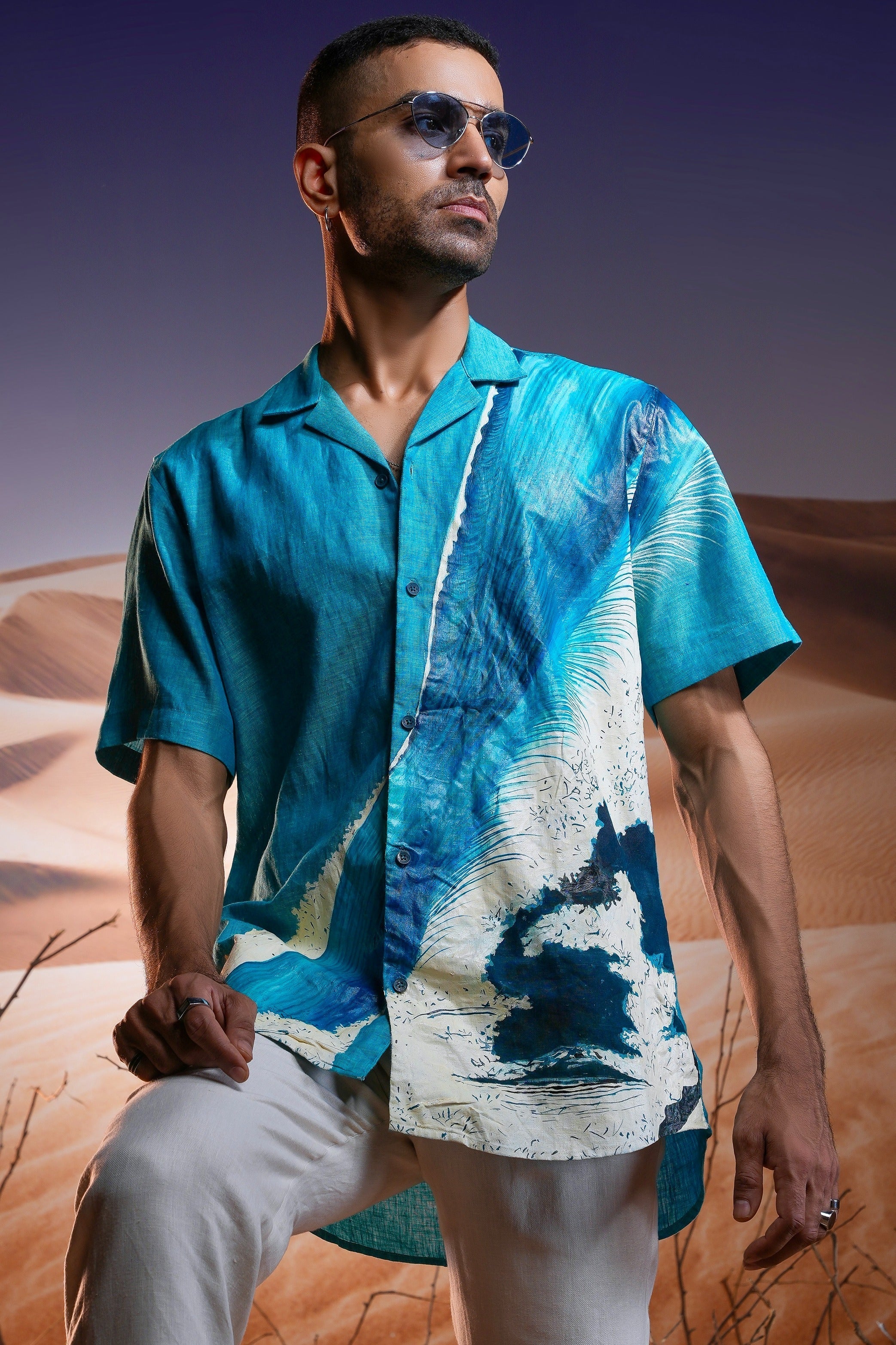 Aqua Mirage Hand-Painted Linen Shirt