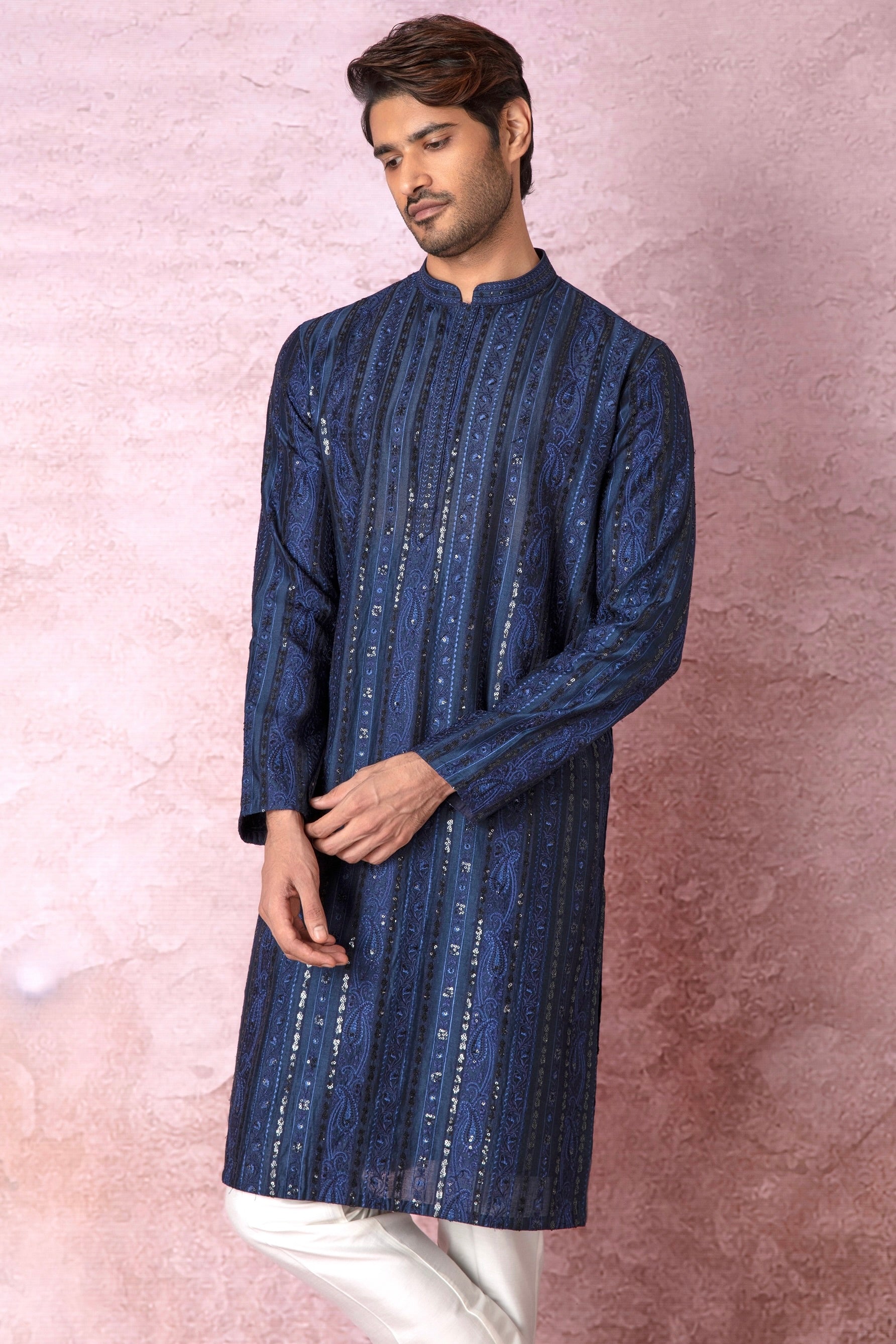 Indigo Charm: Indigo Blue Chanderi Silk Kurta with Resham and Sequins in Panel Embroidery Floral Geometric