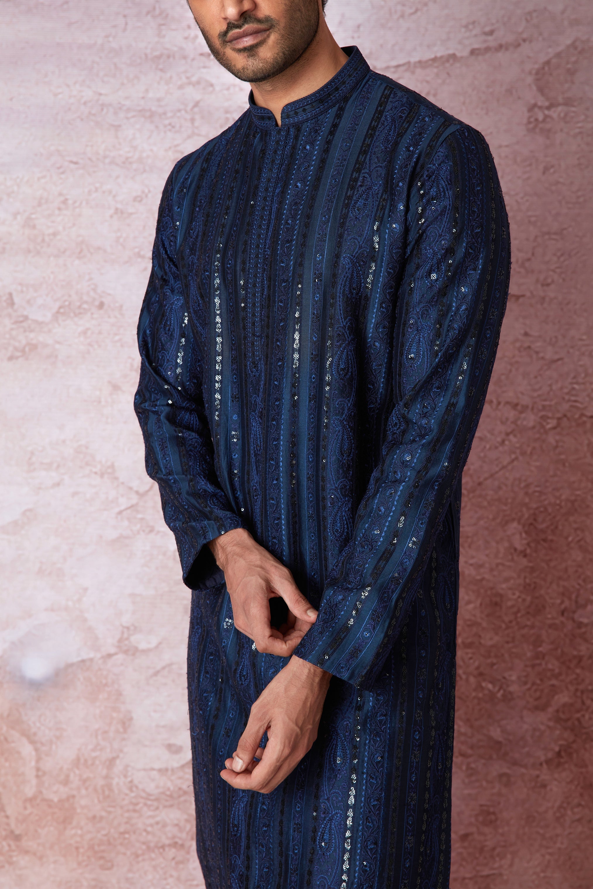 Indigo Charm: Indigo Blue Chanderi Silk Kurta with Resham and Sequins in Panel Embroidery Floral Geometric