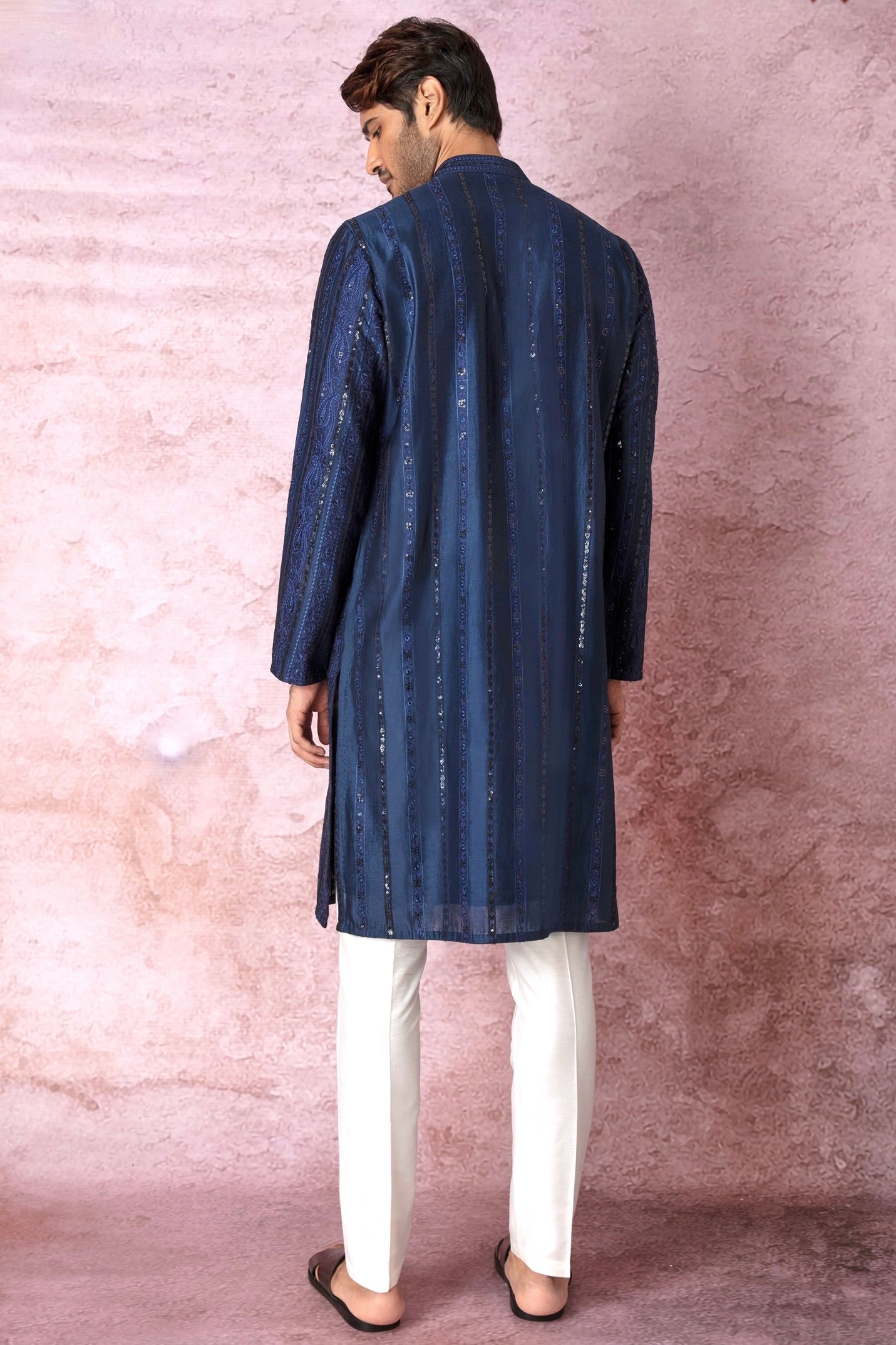Indigo Charm: Indigo Blue Chanderi Silk Kurta with Resham and Sequins in Panel Embroidery Floral Geometric
