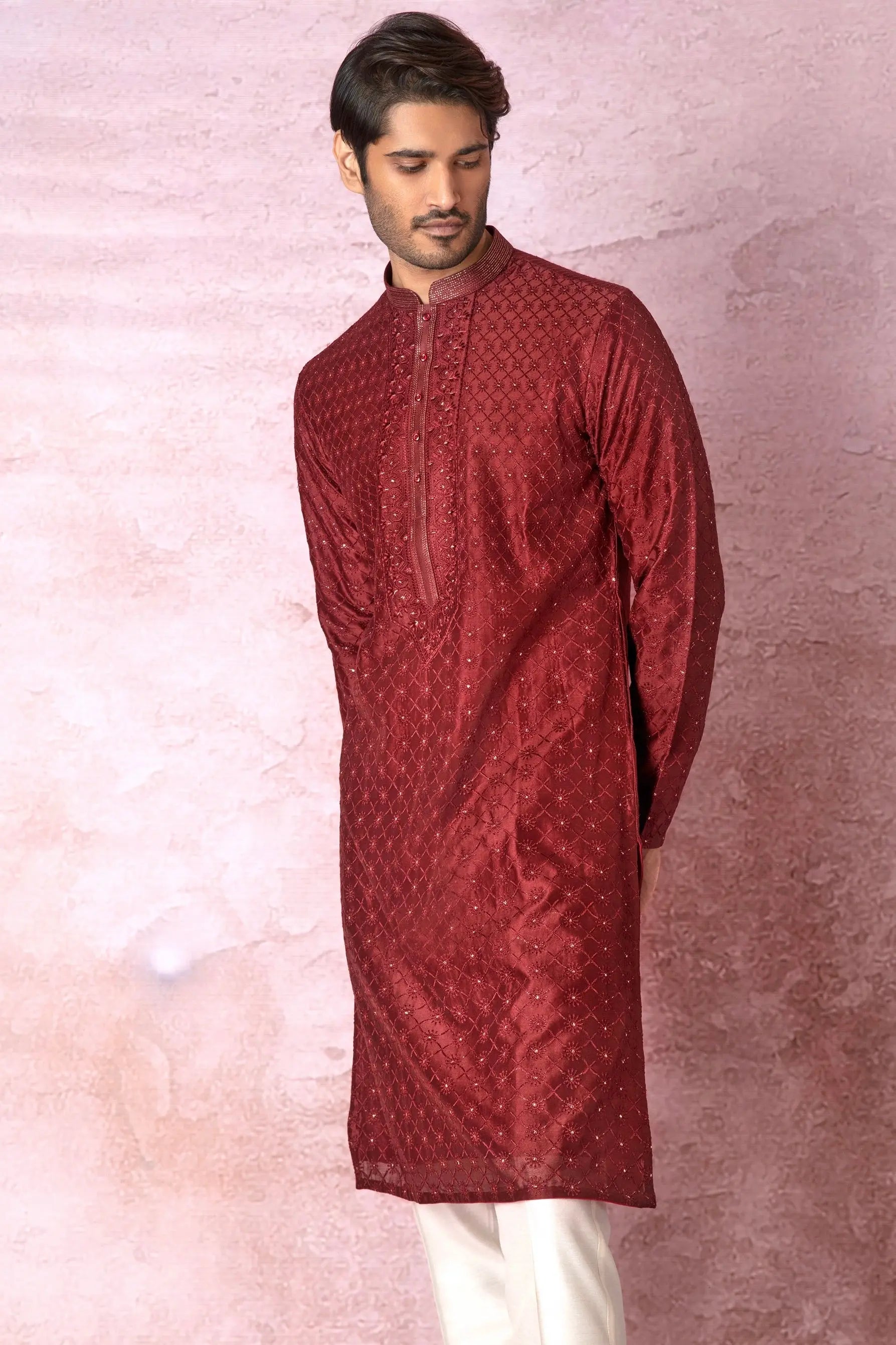 Majestic Maroon: Chanderi Silk Kurta with All Over Resham Embroidery and Lurex