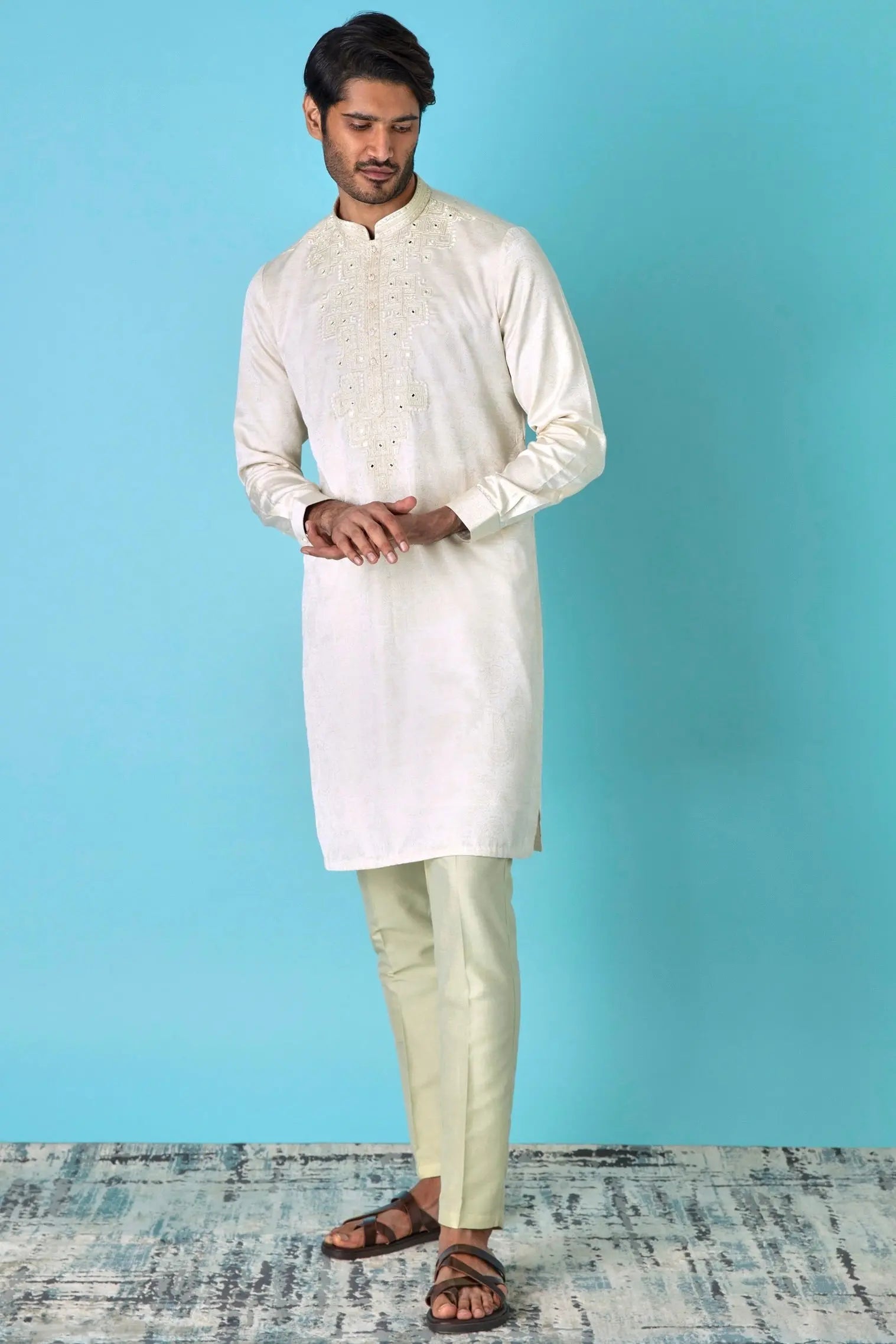 Ivory Glamour: Jacquard Print Mirror Embroidered Kurta