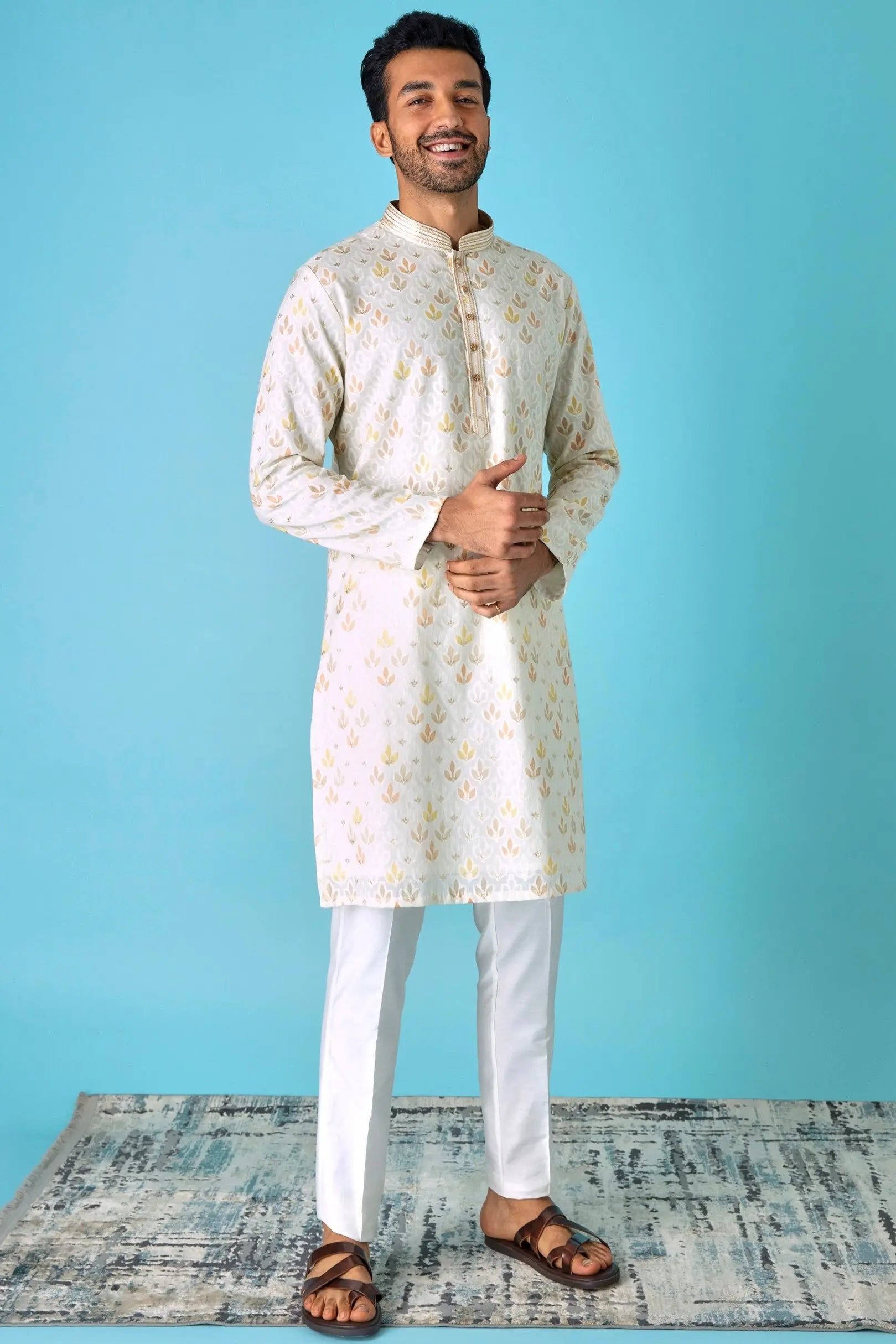 Leafy Affair: Ivory Kurta with Leaf Motifs in Yellow, Peach, and White