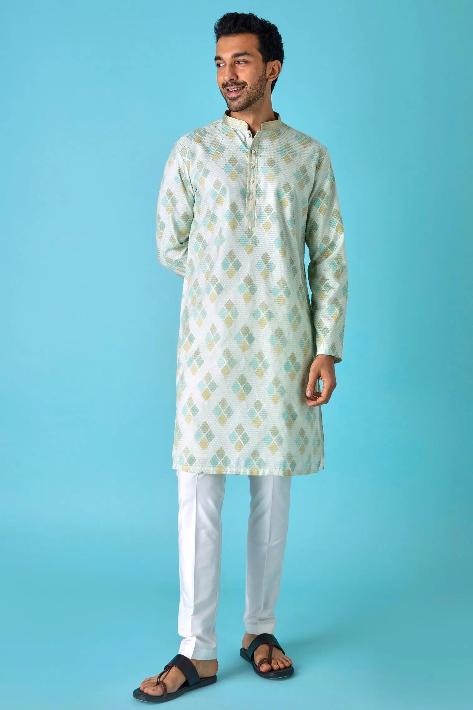 Emerald Elegance: Diamond Print Jaquard Green Kurta