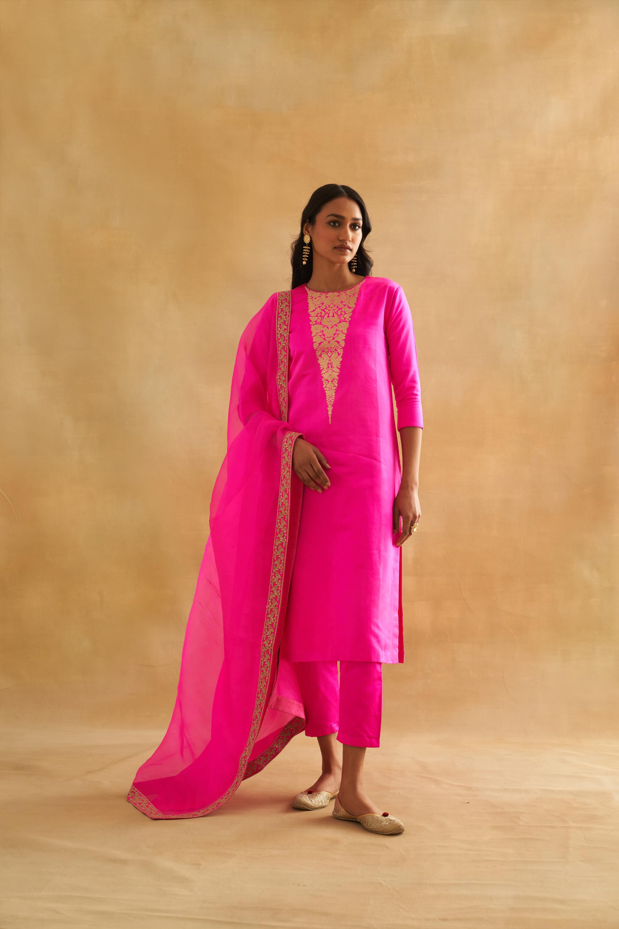 Katan Silk Kurta Set with Botanical Weave & Organza Dupatta