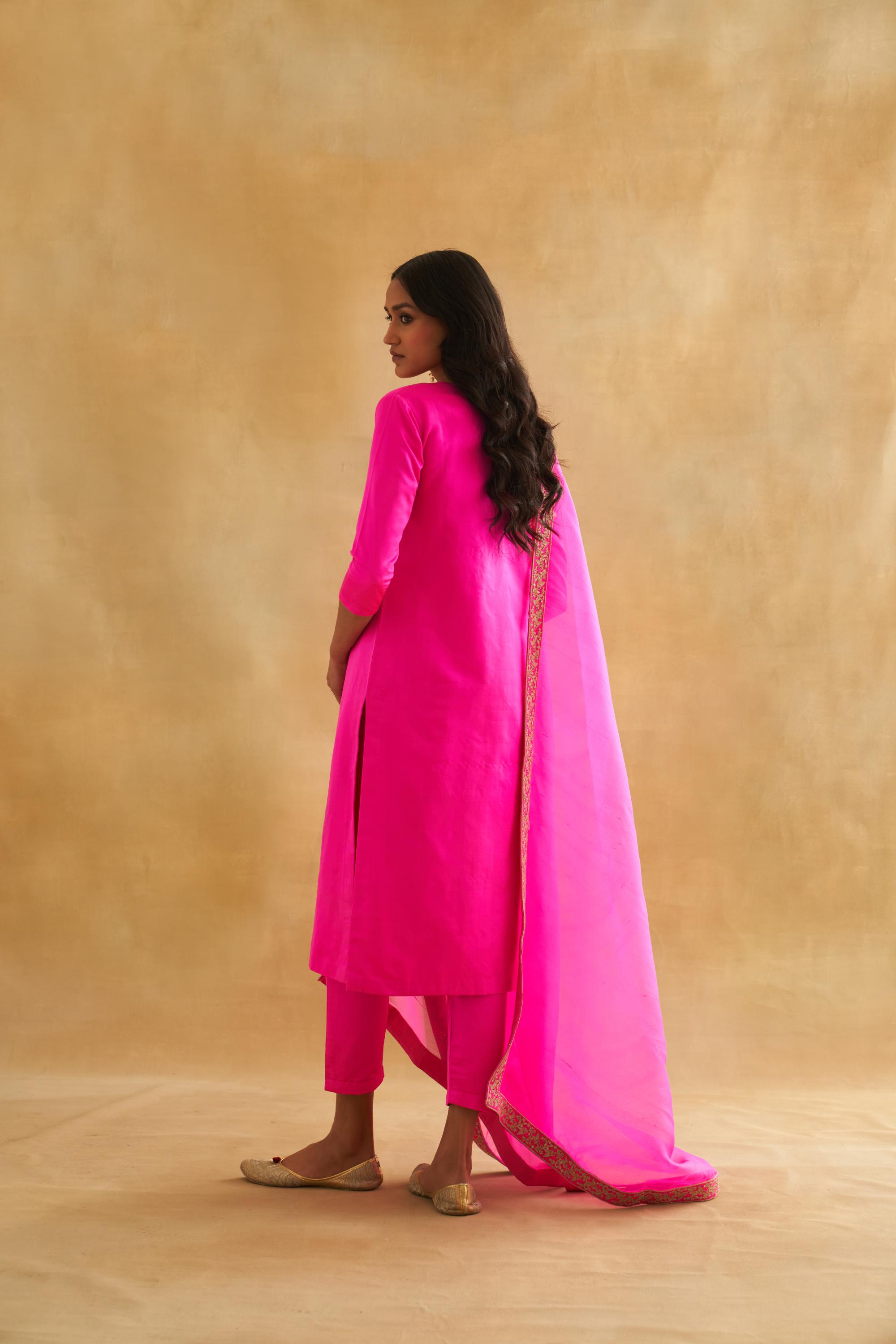 Katan Silk Kurta Set with Botanical Weave & Organza Dupatta