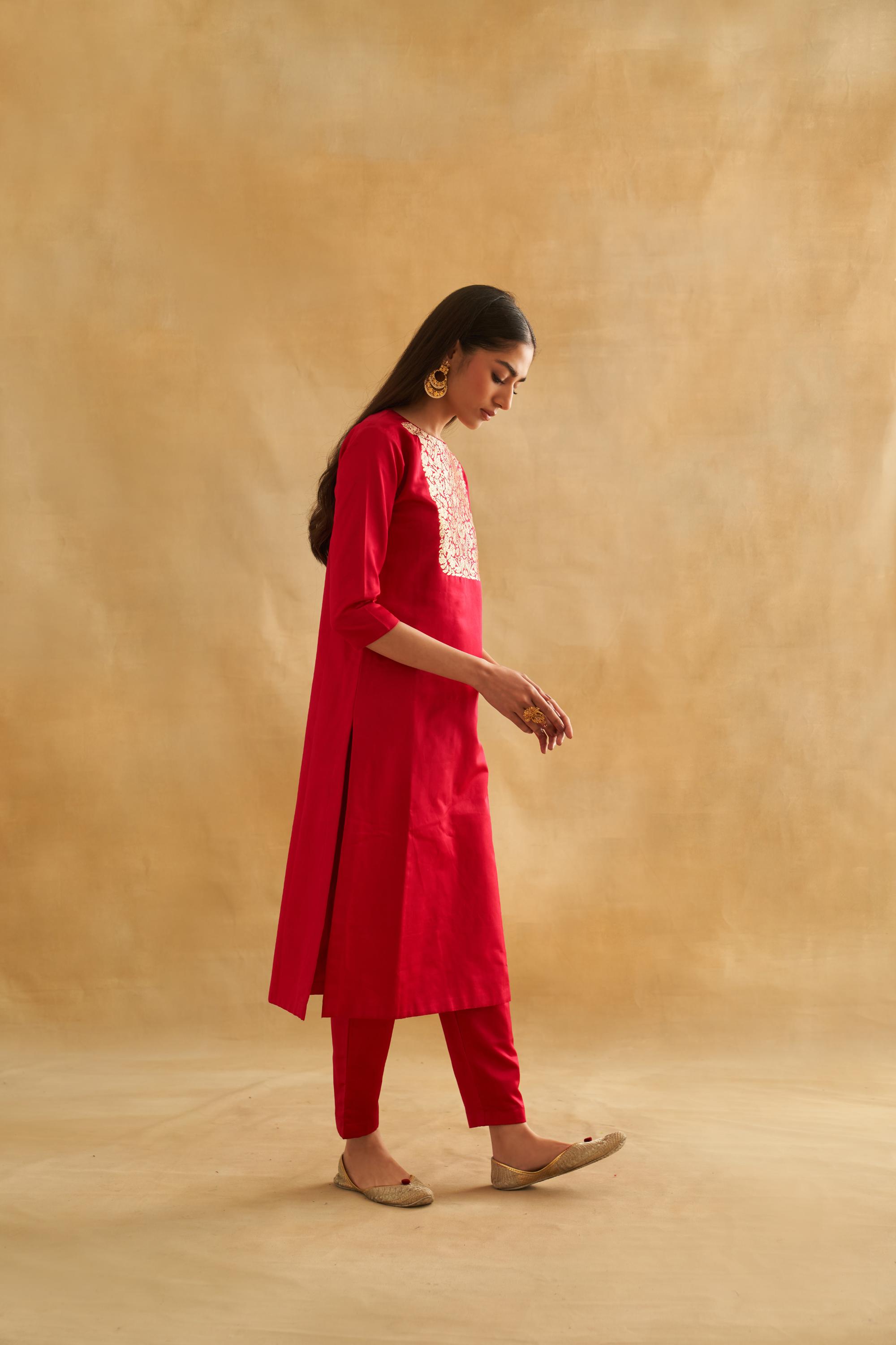 Katan Silk Floral Weave Kurta Set with Organza Dupatta