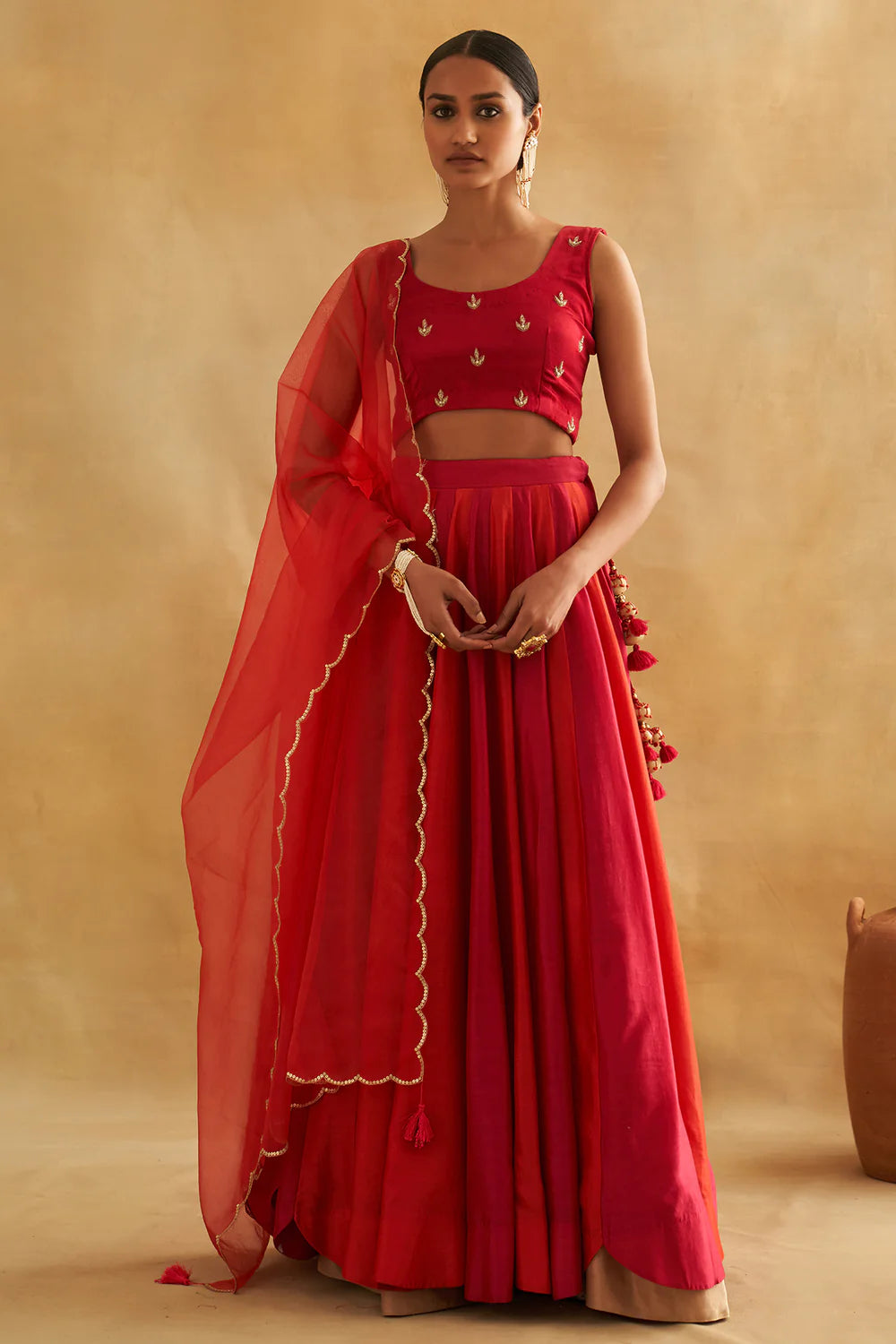 Chanderi Silk Kalidaar Lehenga with Zari Tissue Border & Mushroo Silk Blouse