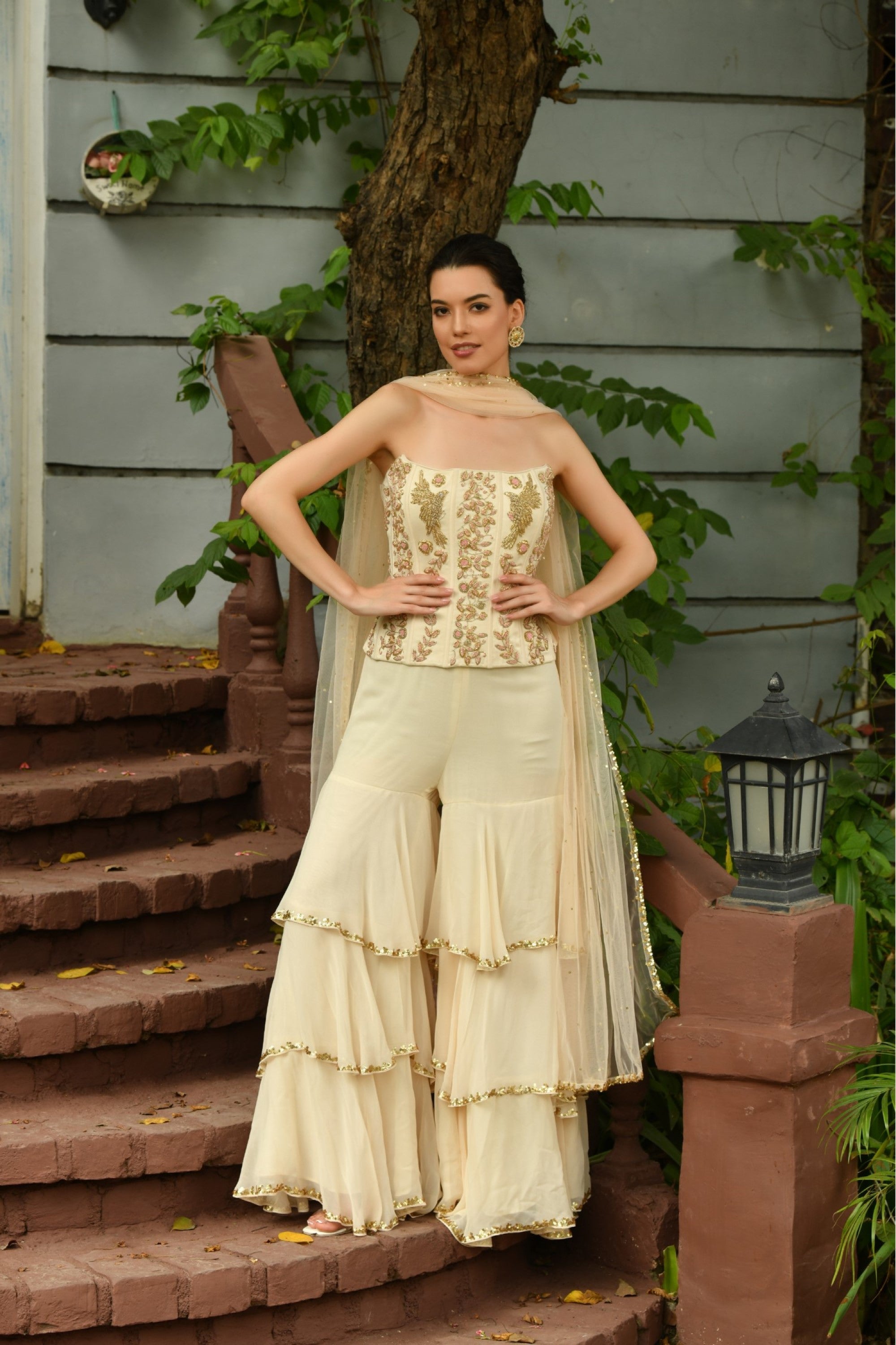 IVORY COLOR INDO WESTERN SHARARA SET WITH HAND EMBROIDERY