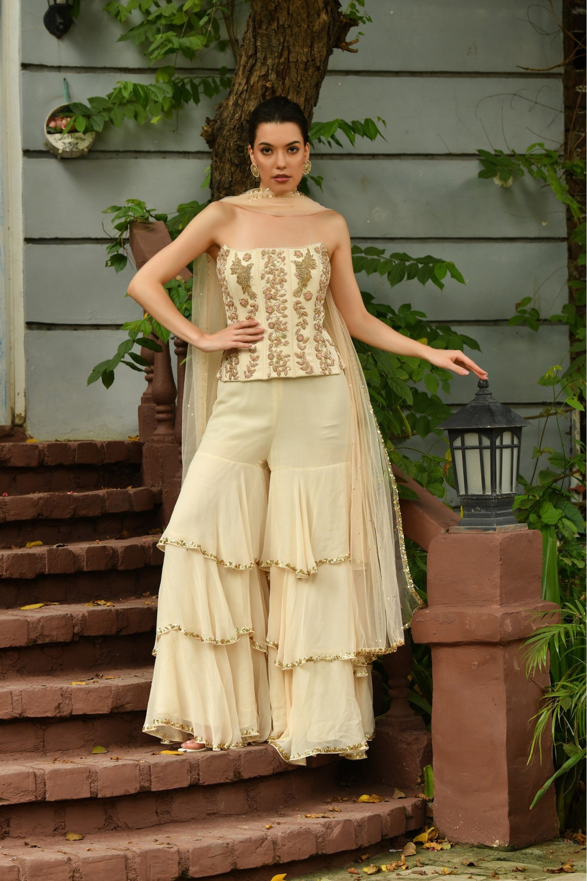 IVORY COLOR INDO WESTERN SHARARA SET WITH HAND EMBROIDERY