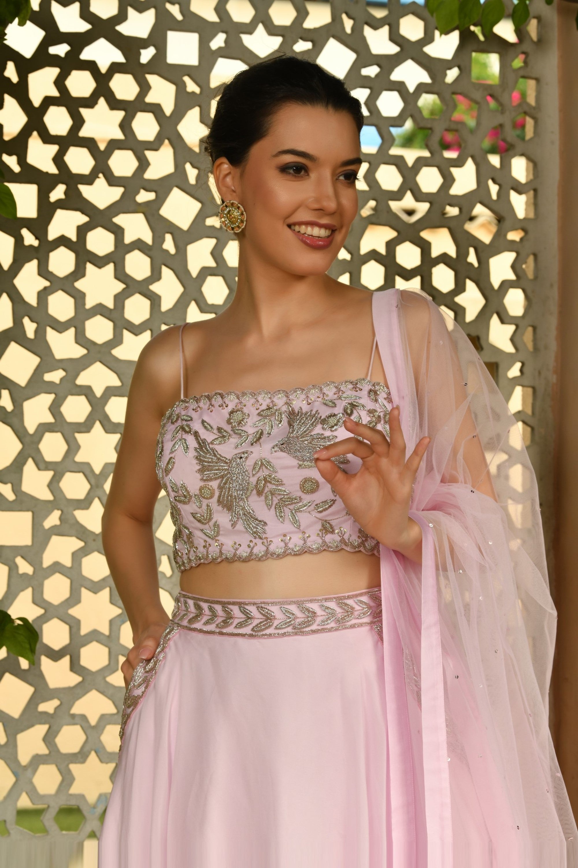 PINK COLOR INDO WESTERN LEHNGA SET WITH HAND EMBROIDRED