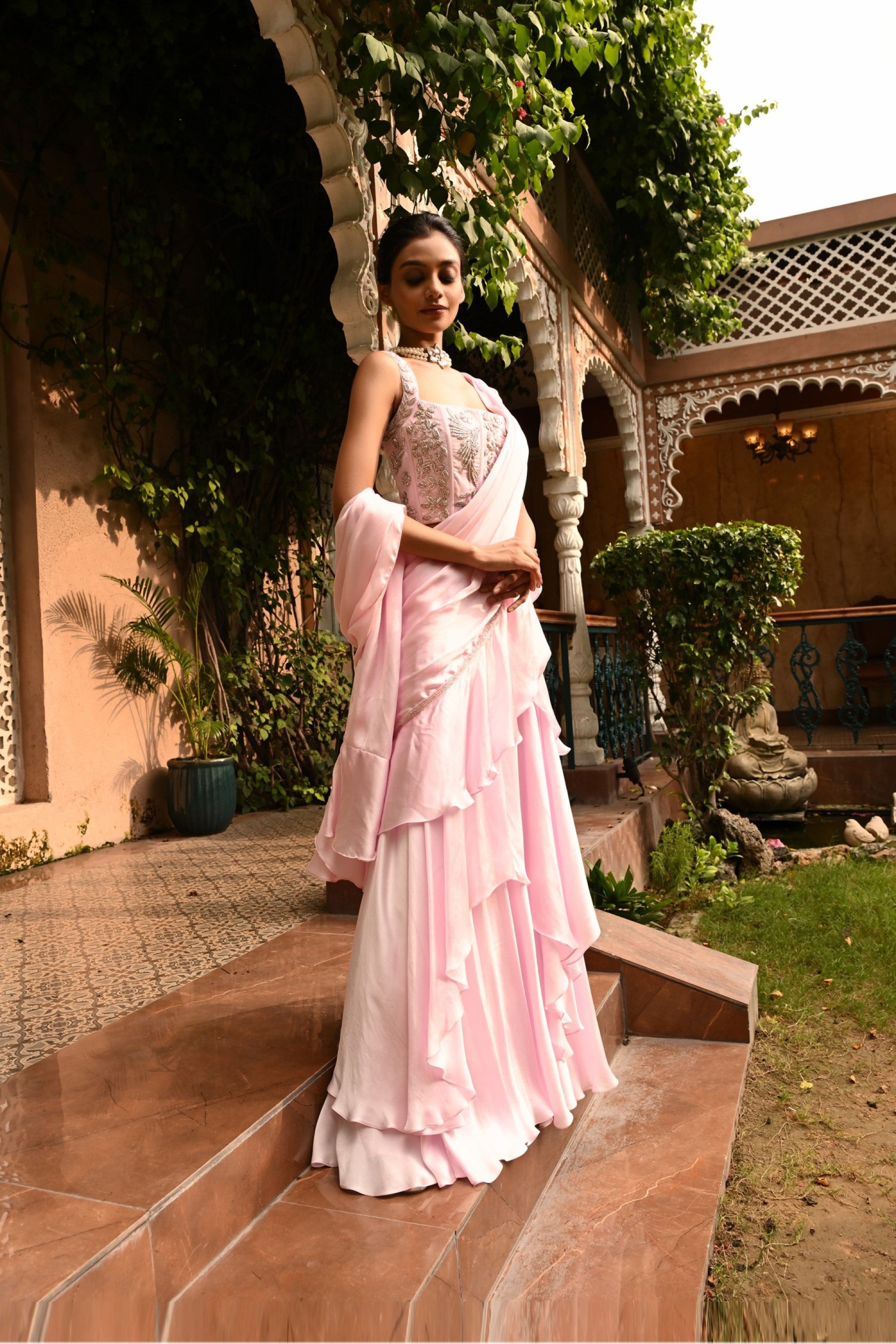 PINK COLOR EMBROIDERED PRE DRAPPED INDO WESTERN SAREE