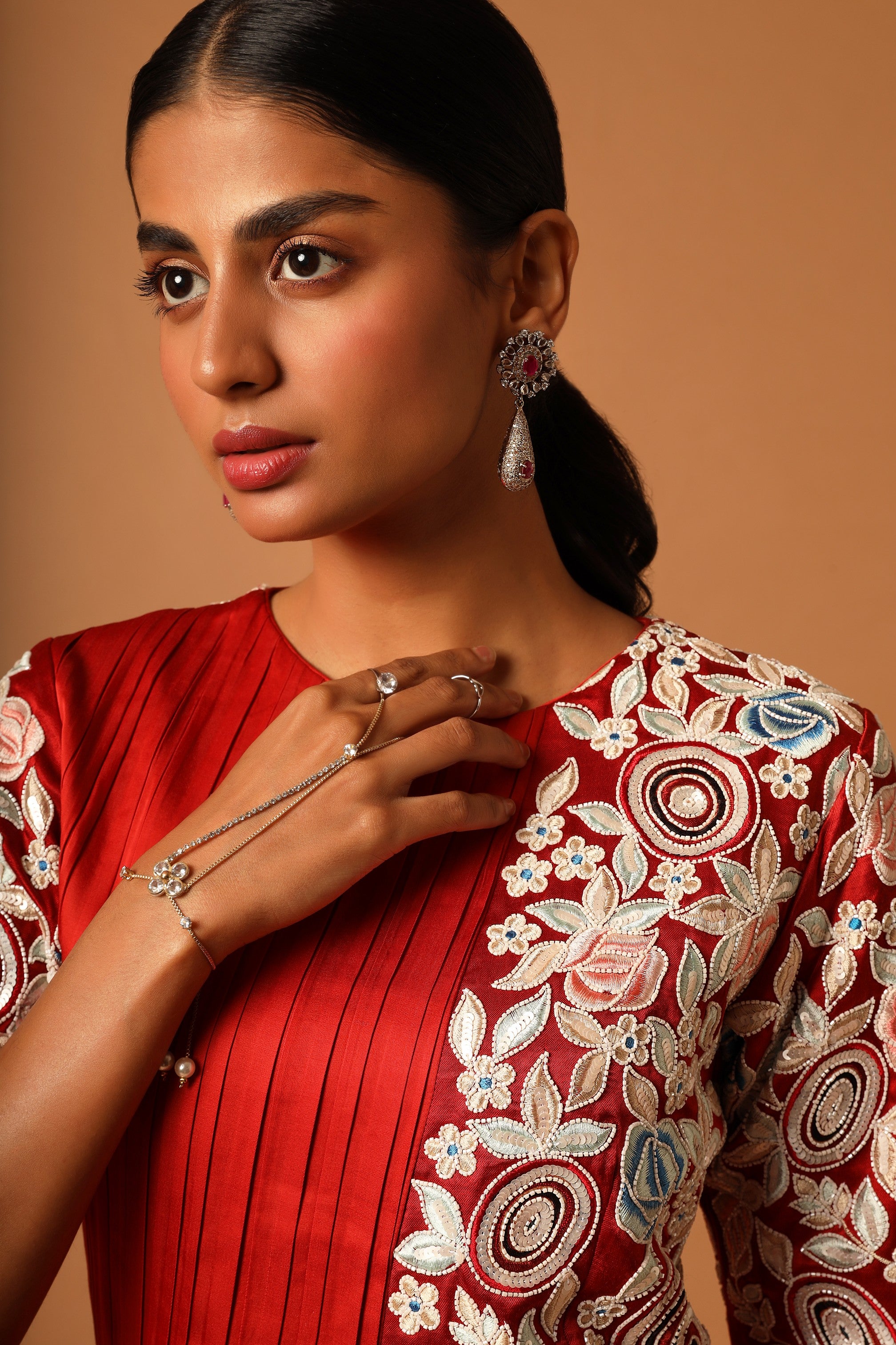 Red embroidered dress