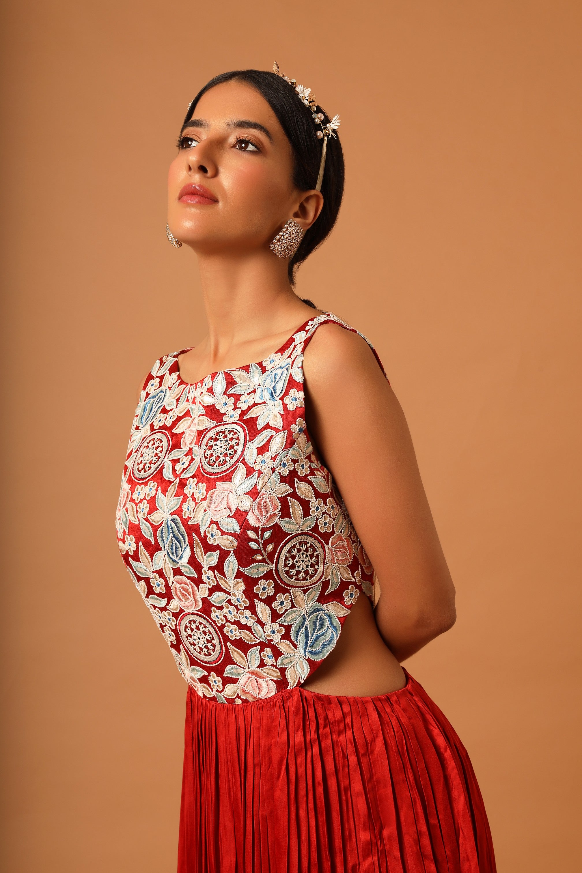 Red embroidered side cut dress