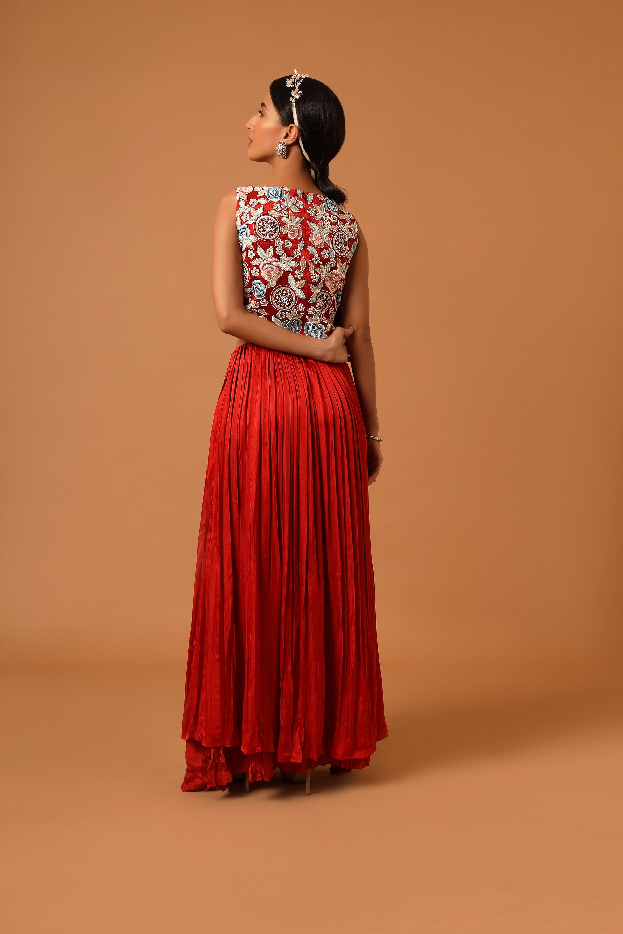 Red embroidered side cut dress