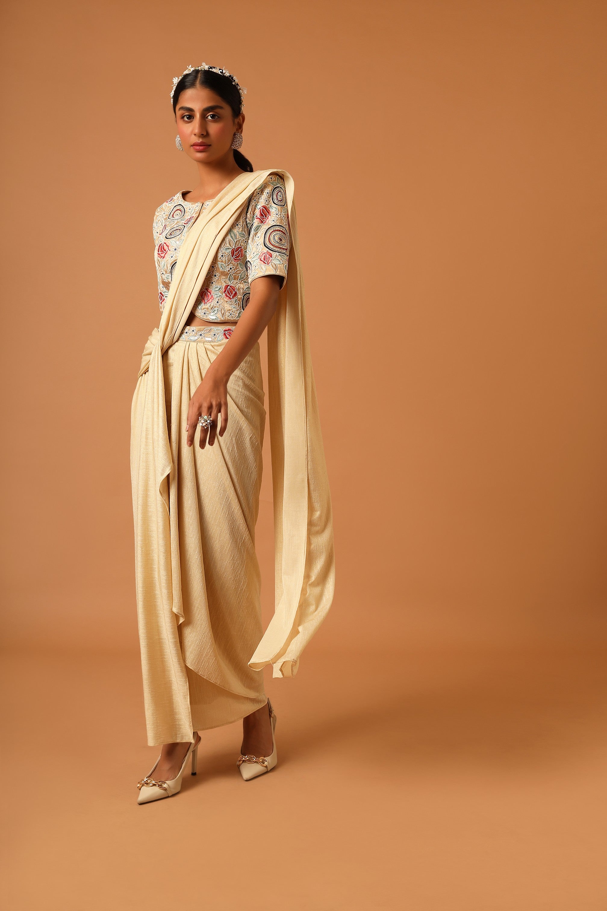 Beige embroidered blouse with skirt