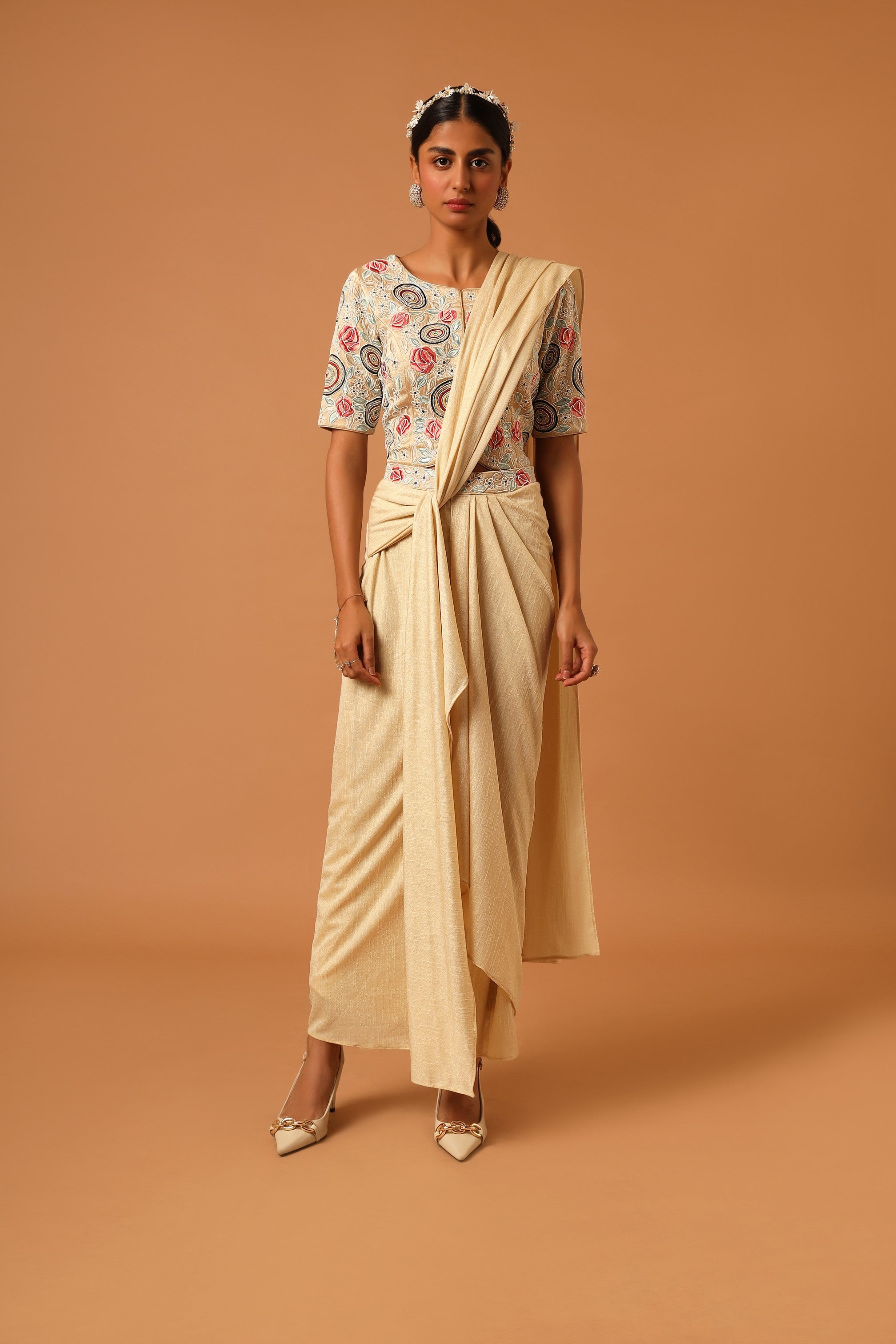 Beige embroidered blouse with skirt