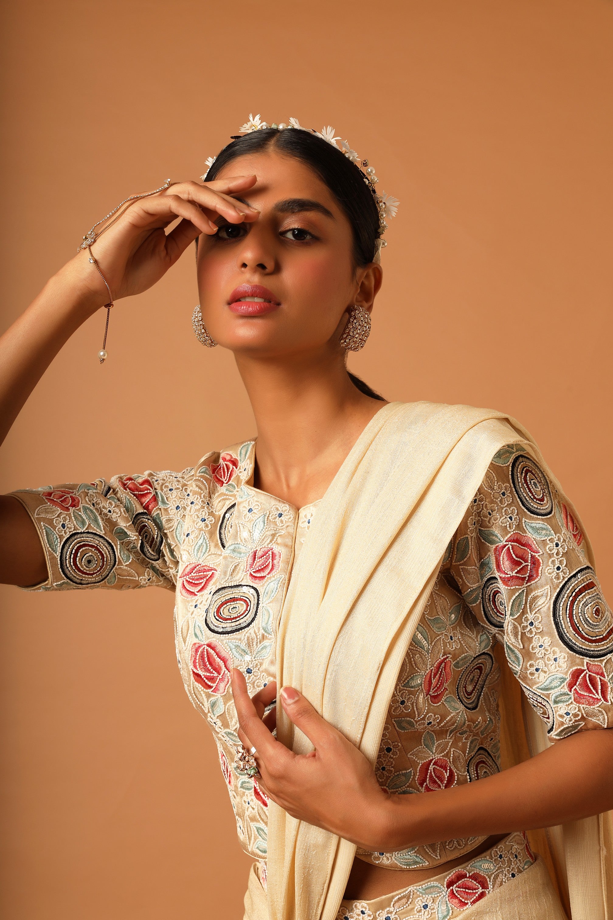 Beige embroidered blouse with skirt