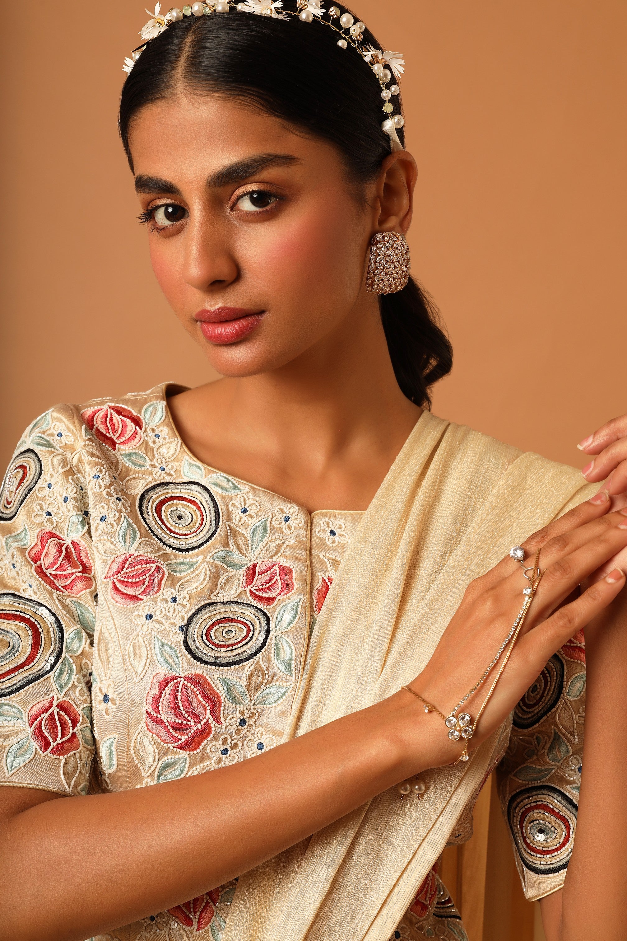 Beige embroidered blouse with skirt