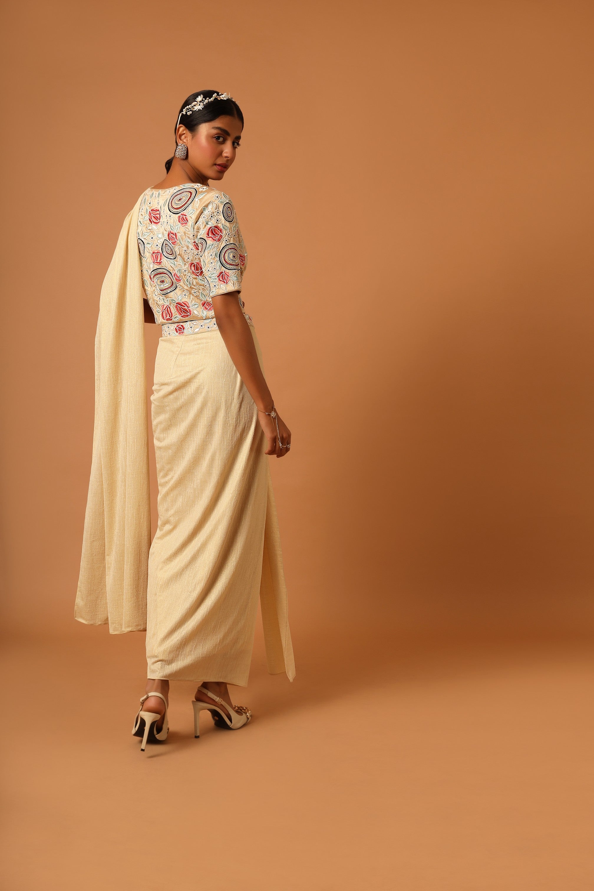 Beige embroidered blouse with skirt