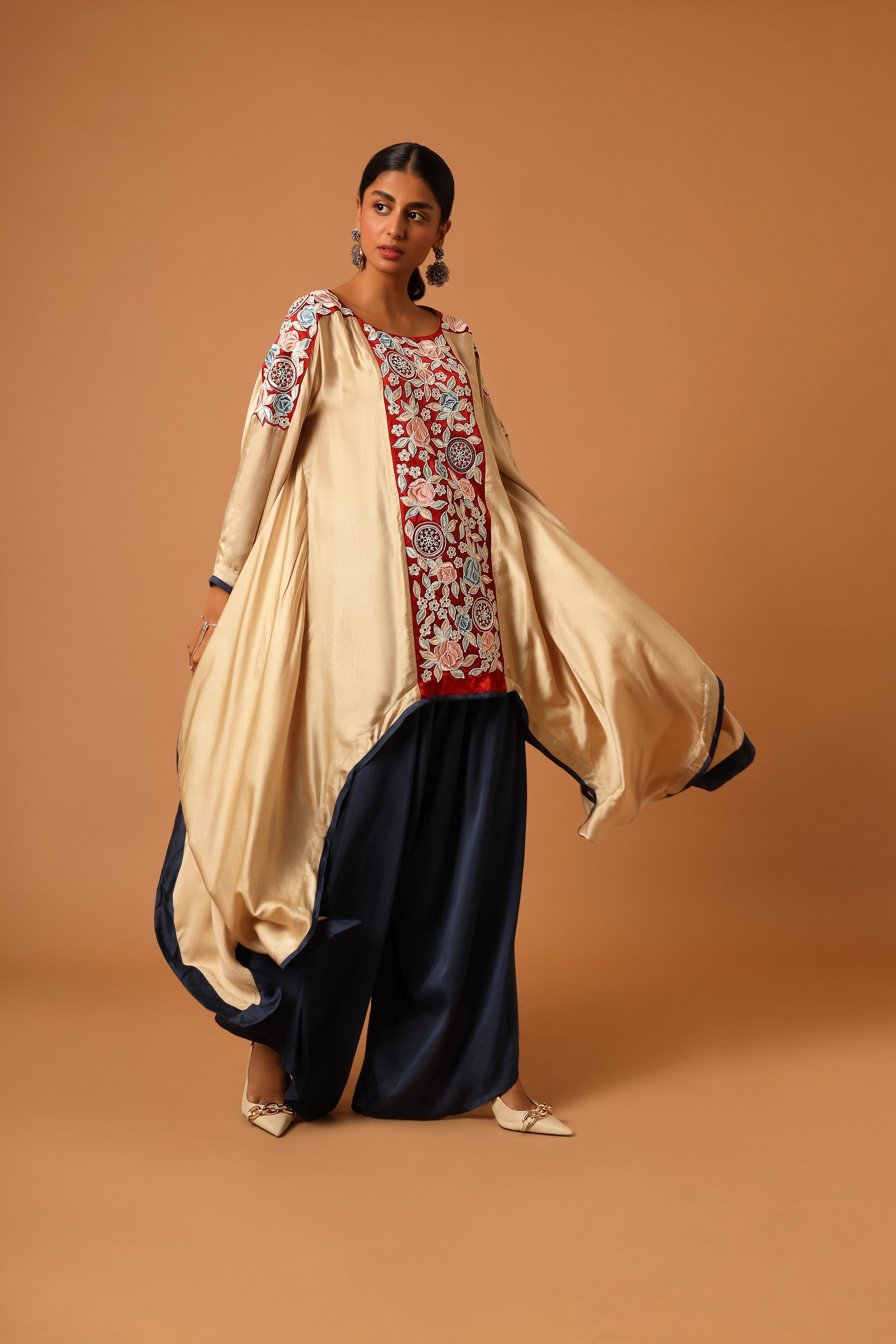 Beige embroidered kaftan with blue drape skirt