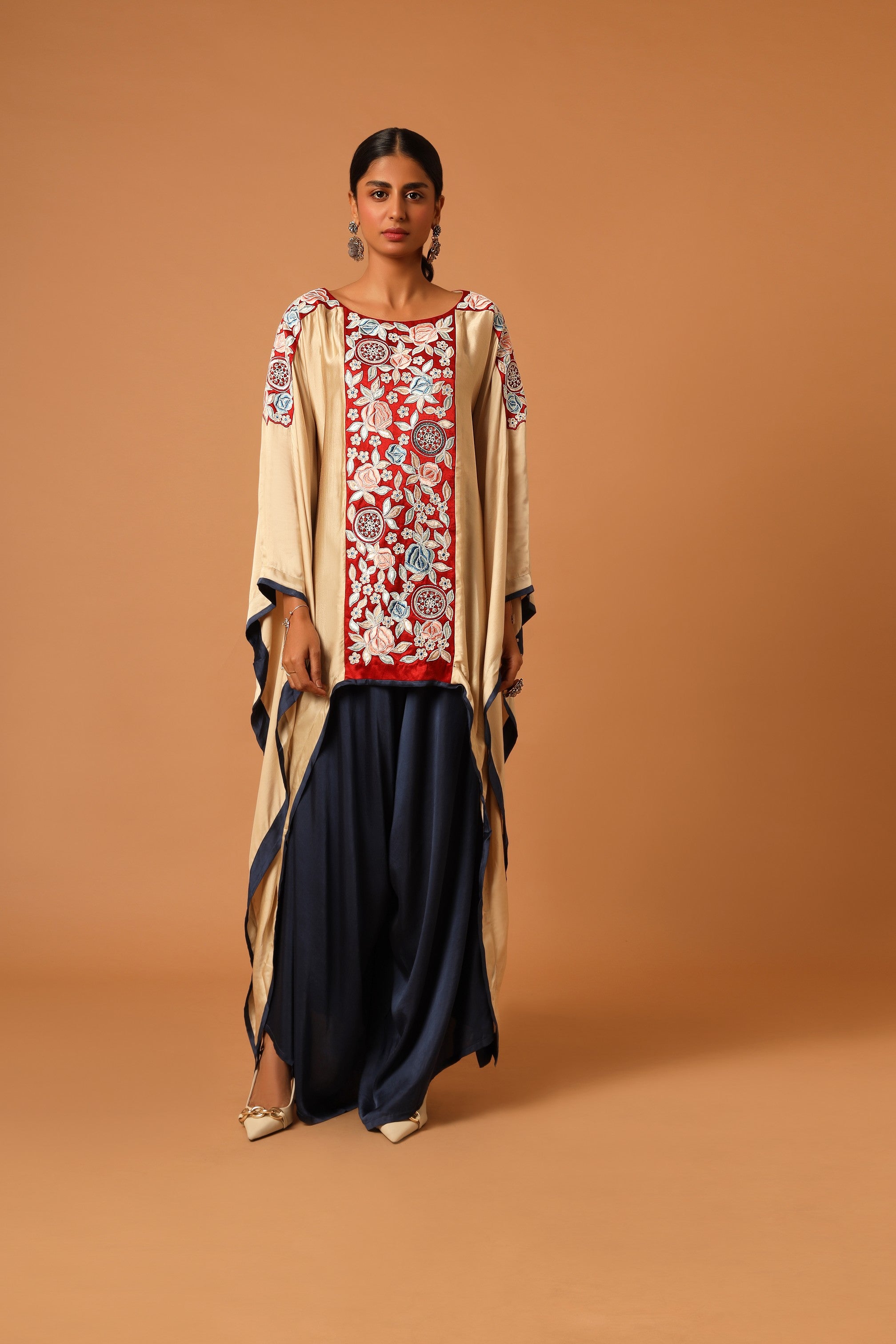Beige embroidered kaftan with blue drape skirt