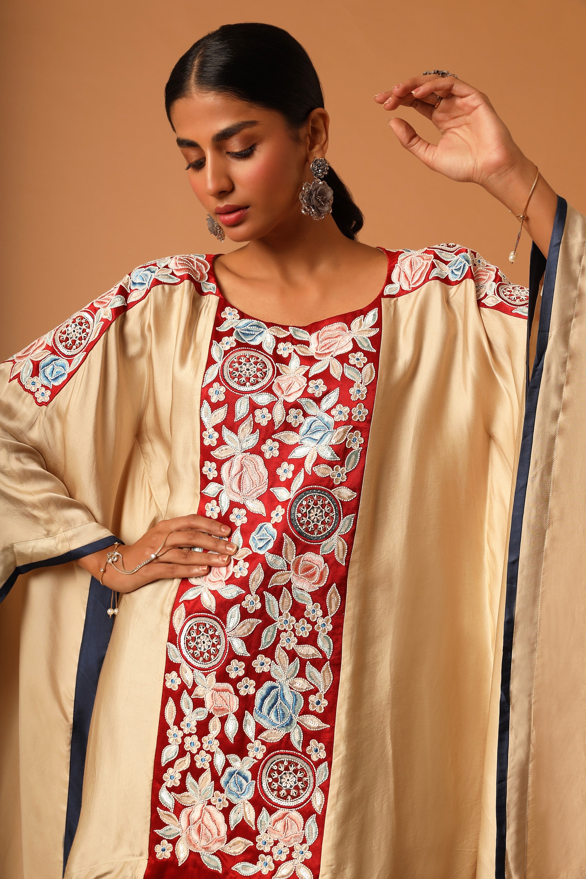 Beige embroidered kaftan with blue drape skirt