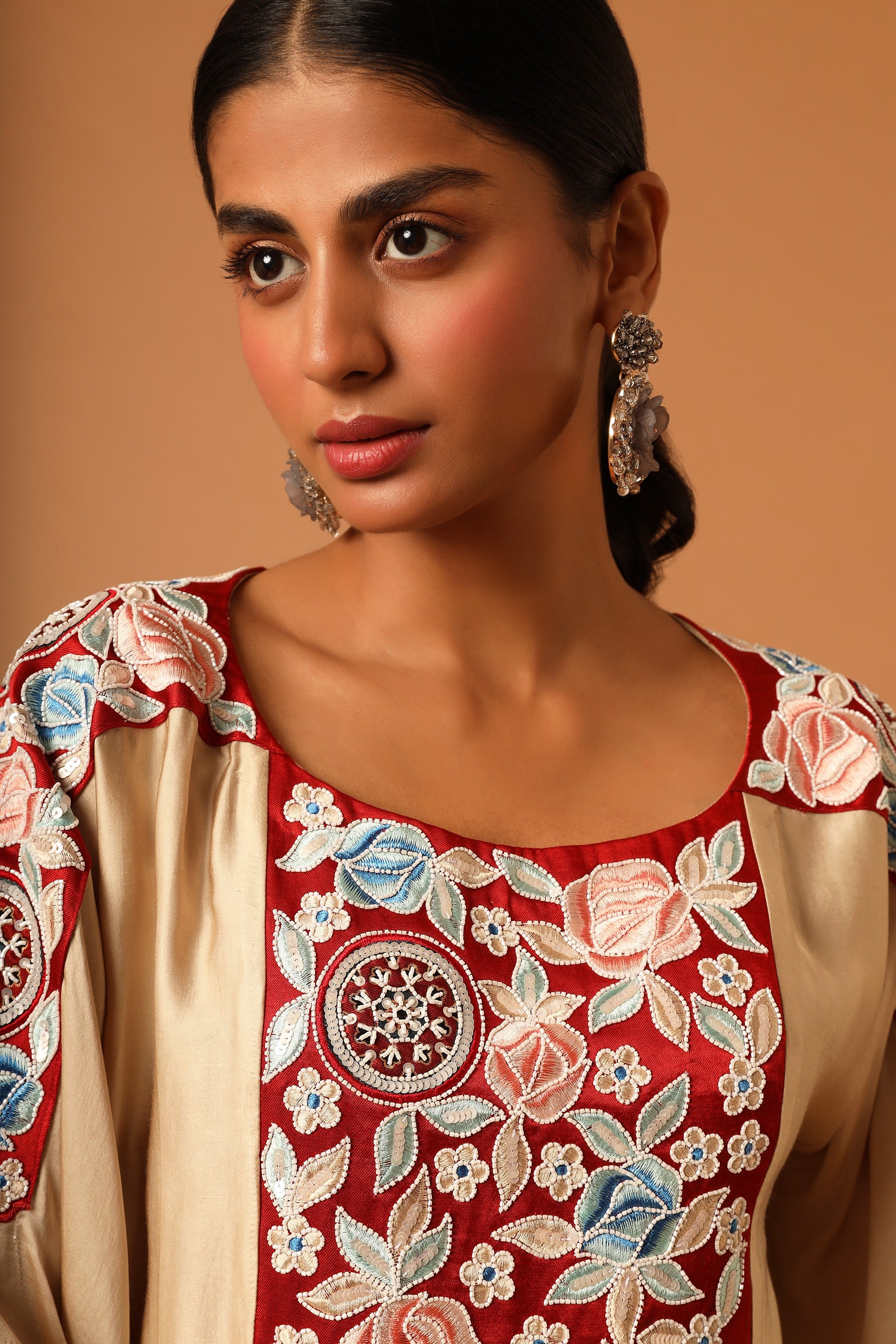 Beige embroidered kaftan with blue drape skirt