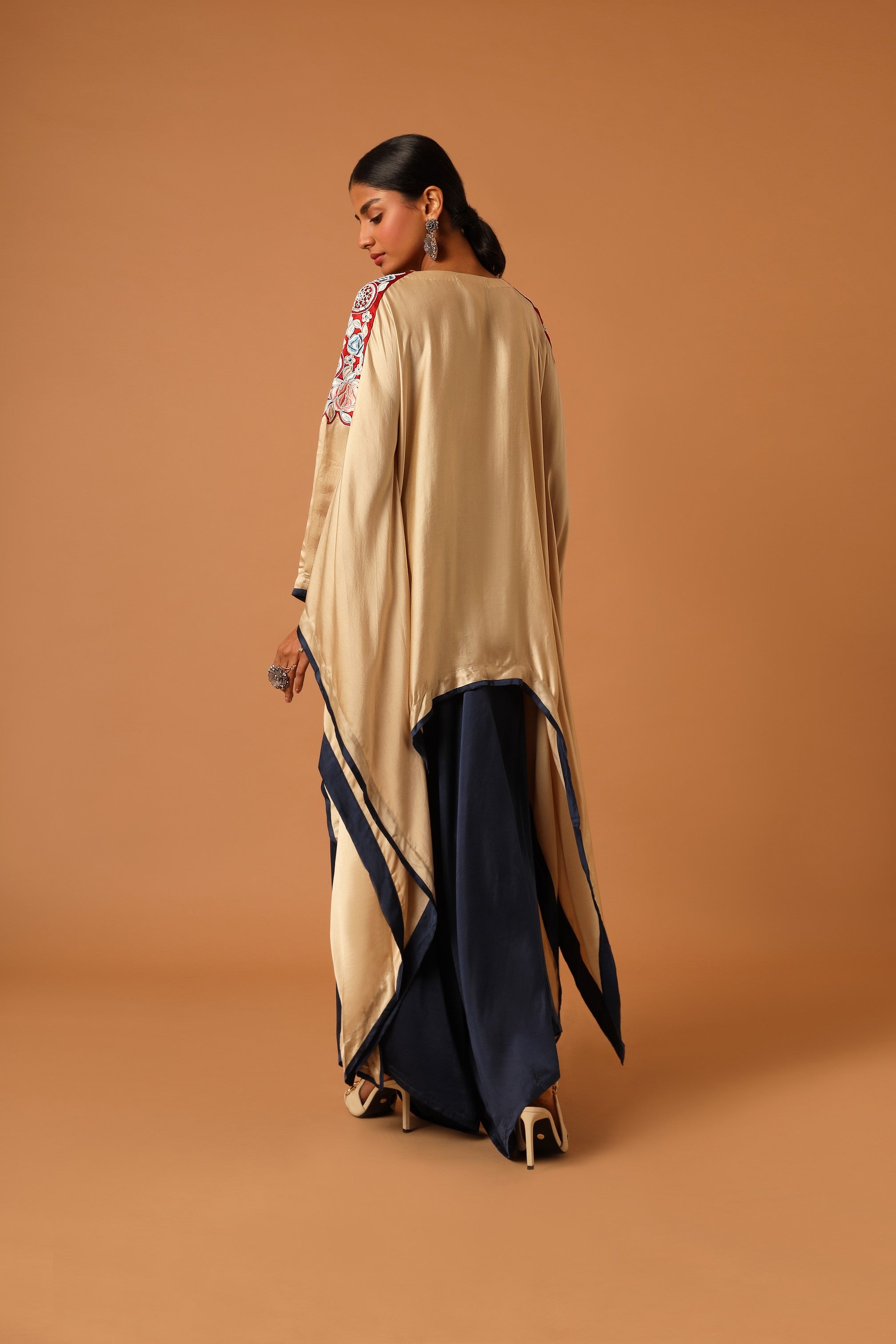 Beige embroidered kaftan with blue drape skirt